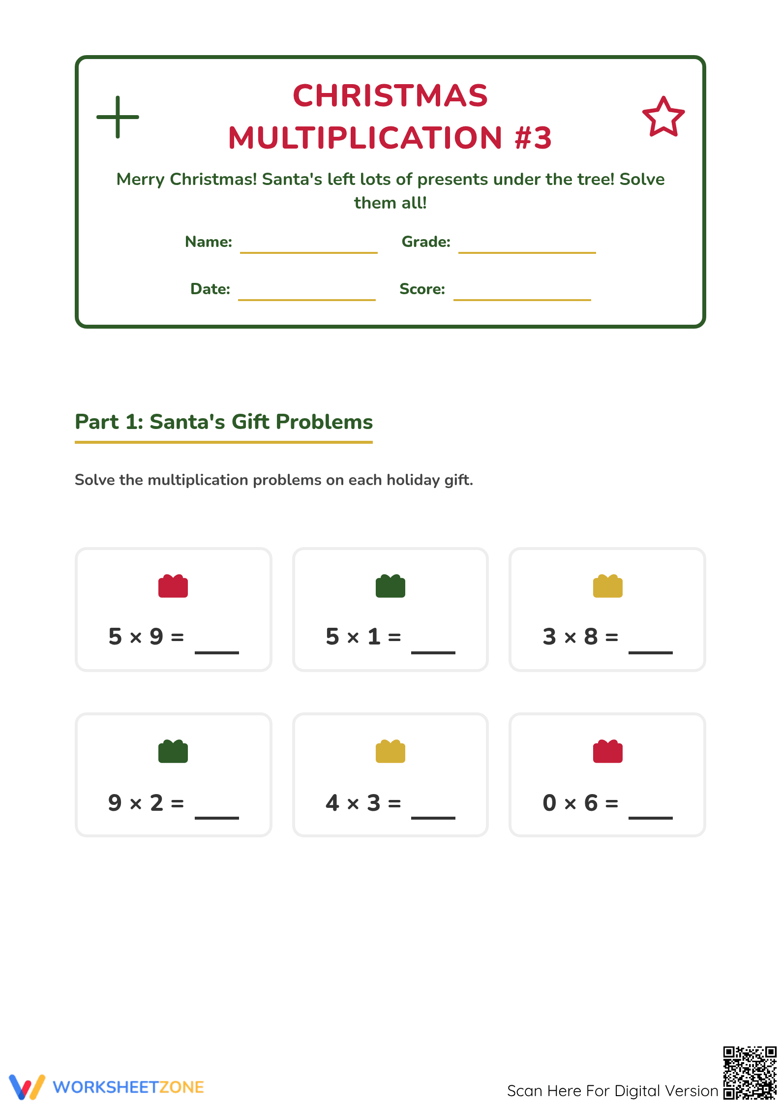 Essential Grade 3 Christmas Multiplication Facts Worksheet - Page 1