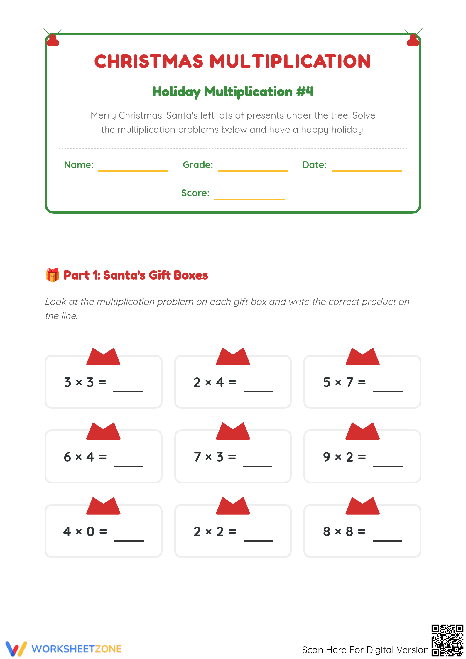 Essential Christmas Multiplication Grade 3 Math Practice - Page 1