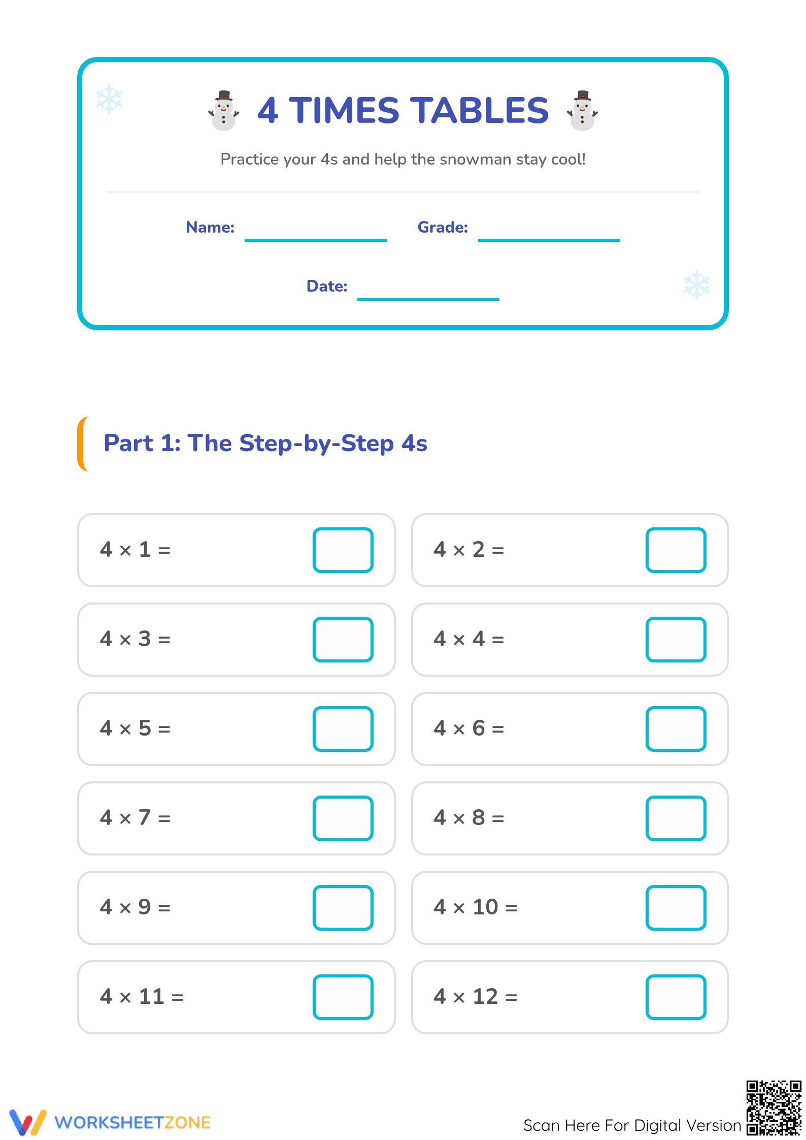 4 Times Tables Worksheet | Grade 3 Printable Essential - Page 1