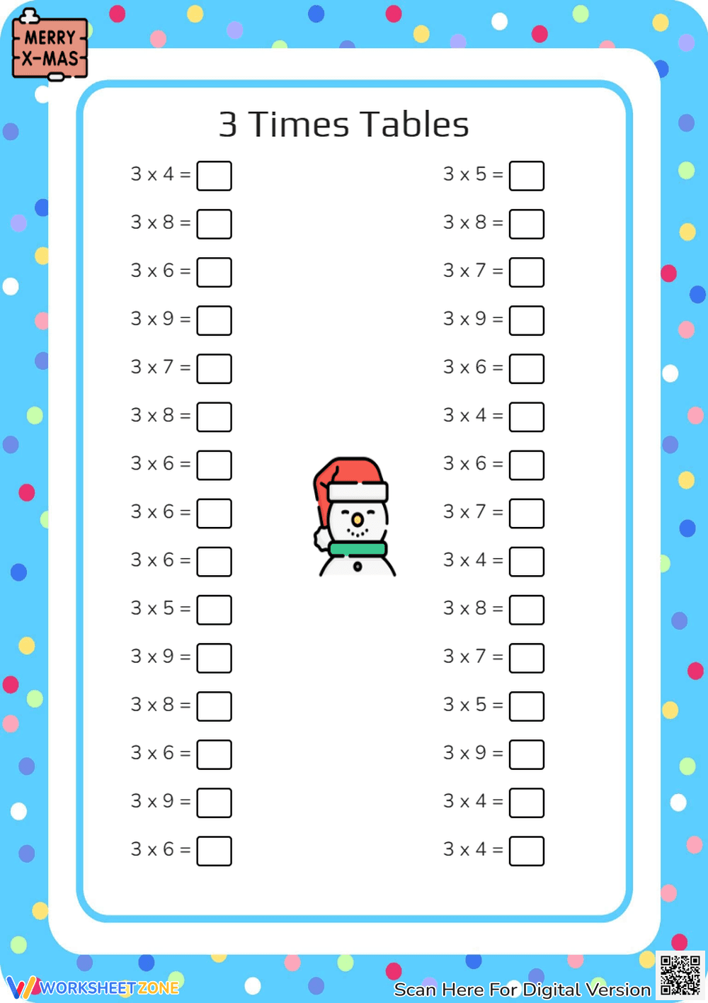 Christmas Snowman 3 Times Tables Multiplication Worksheet - Page 1