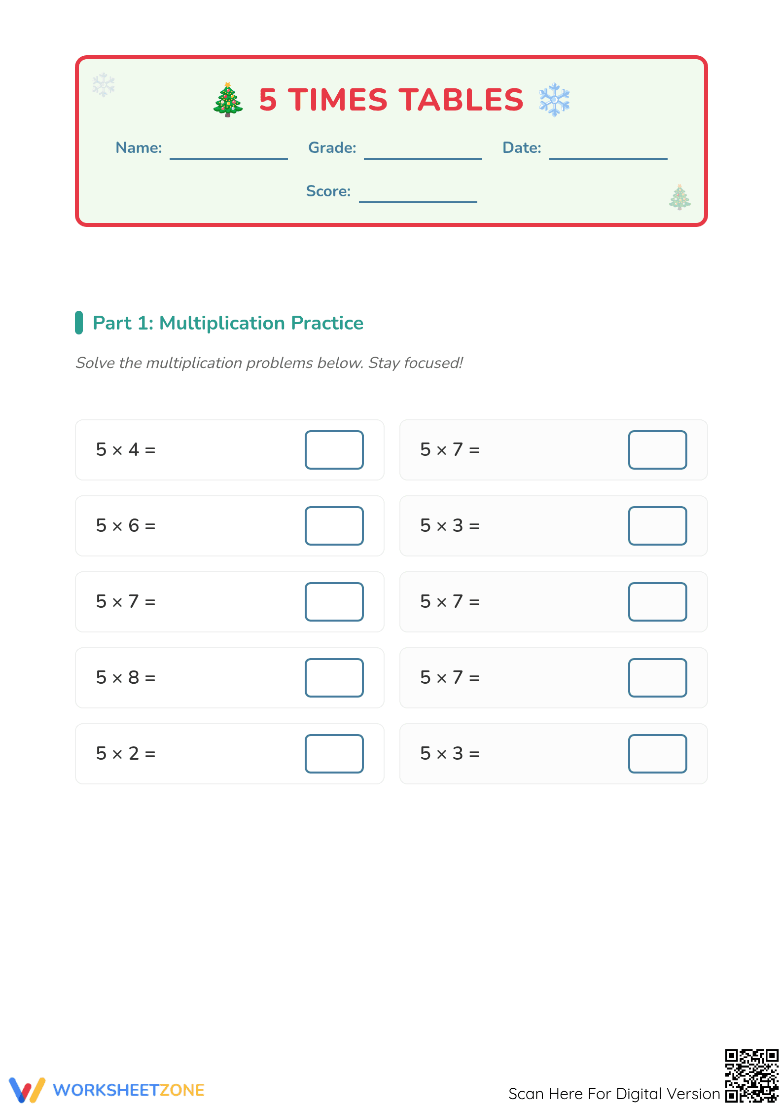 5 Times Tables Worksheet | Grade 3 Printable Math - Page 1