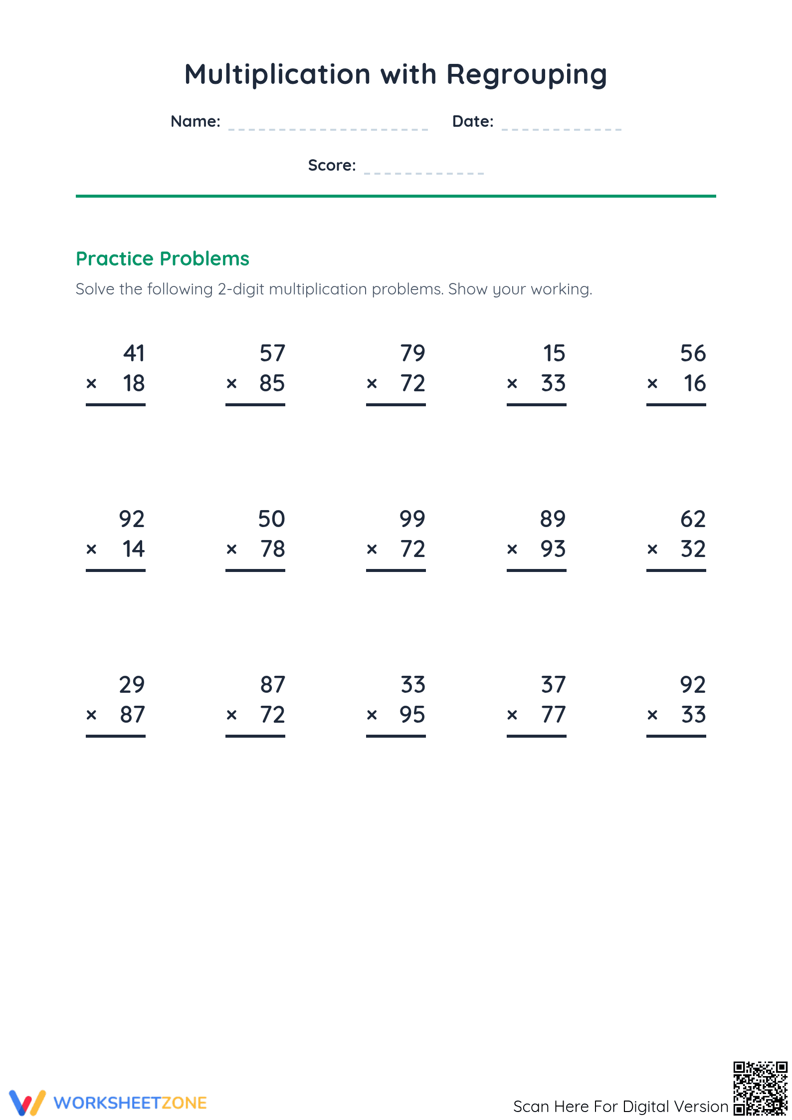 Essential Multiplication with Regrouping Worksheet | Grade 4 - Page 1