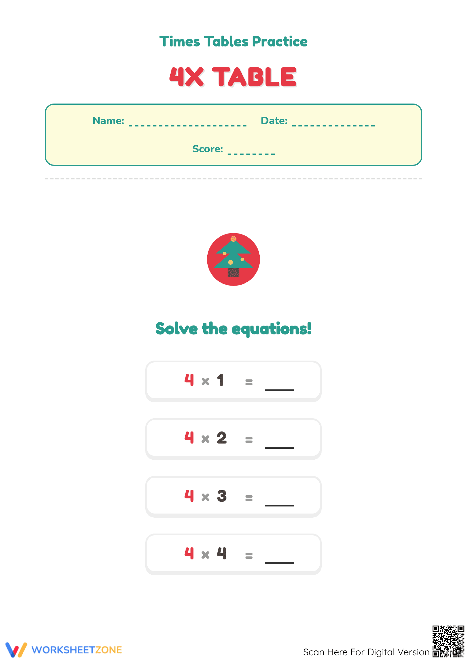 Grade 3 4x Multiplication Table — Printable Worksheet - Page 1