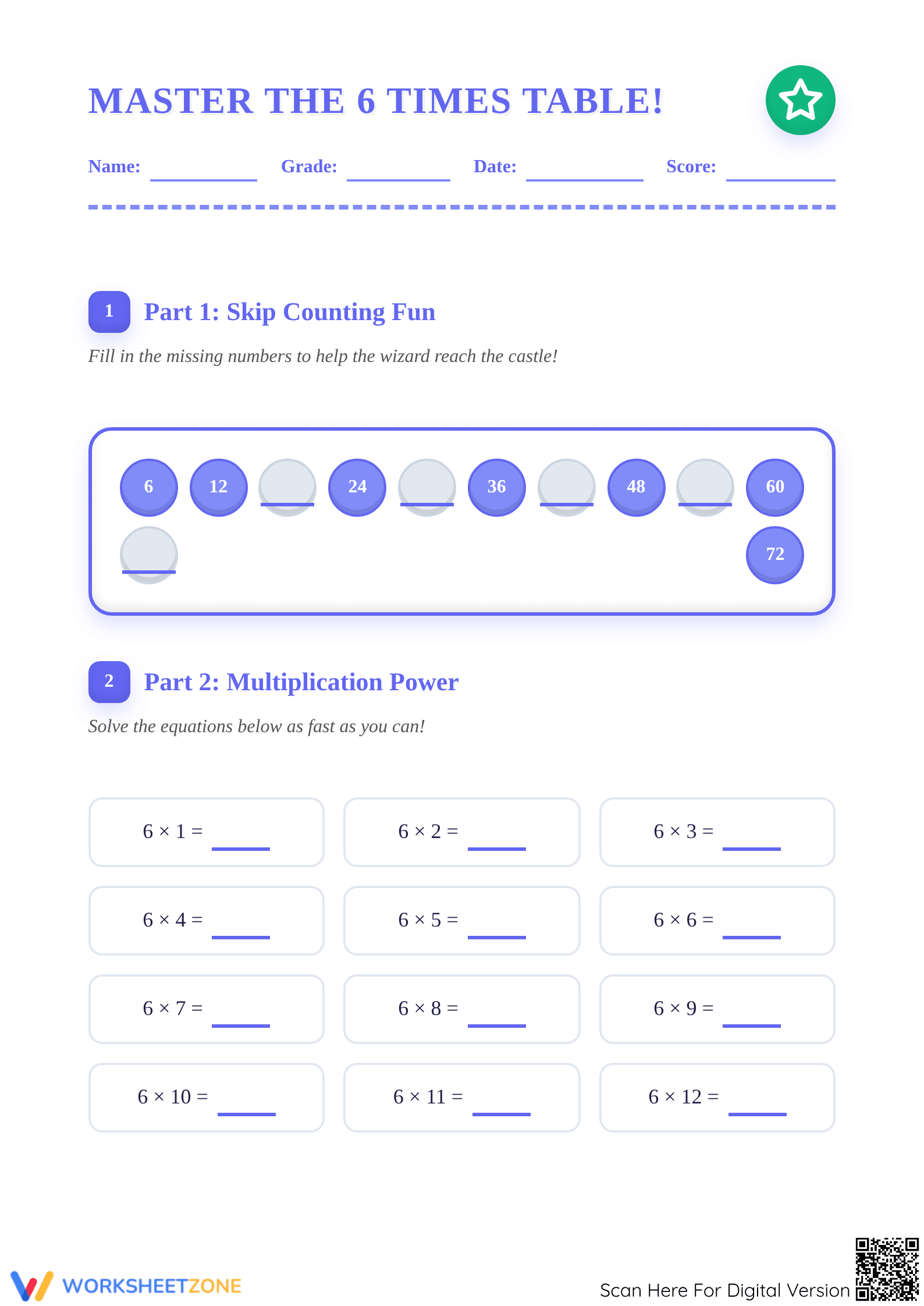 Master the 6 Times Table! | Printable Grade 3 Math Worksheet - Page 1