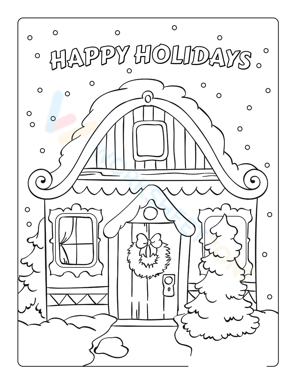 Happy Holidays: Snowy Cottage Coloring Page - Page 1