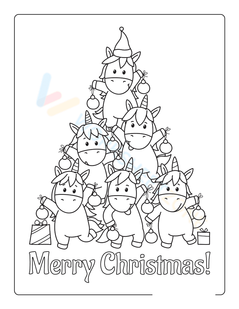 Magical Christmas: Unicorn Tree Coloring Page - Page 1