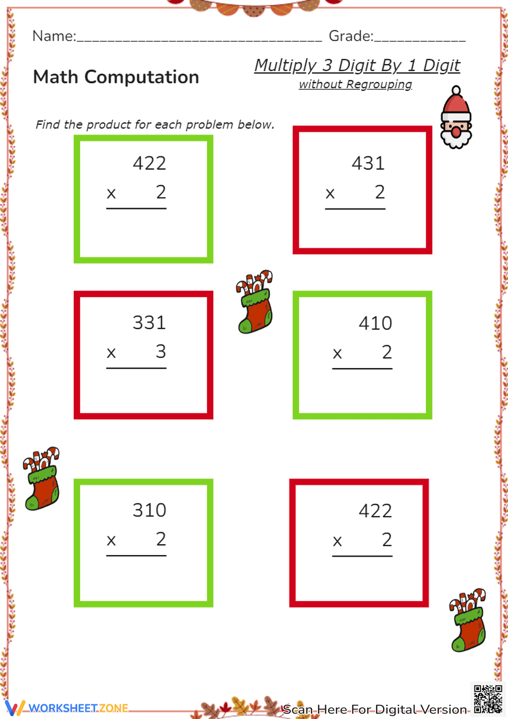 Multiply 3 Digit By 1 Digit No Regrouping - Page 1