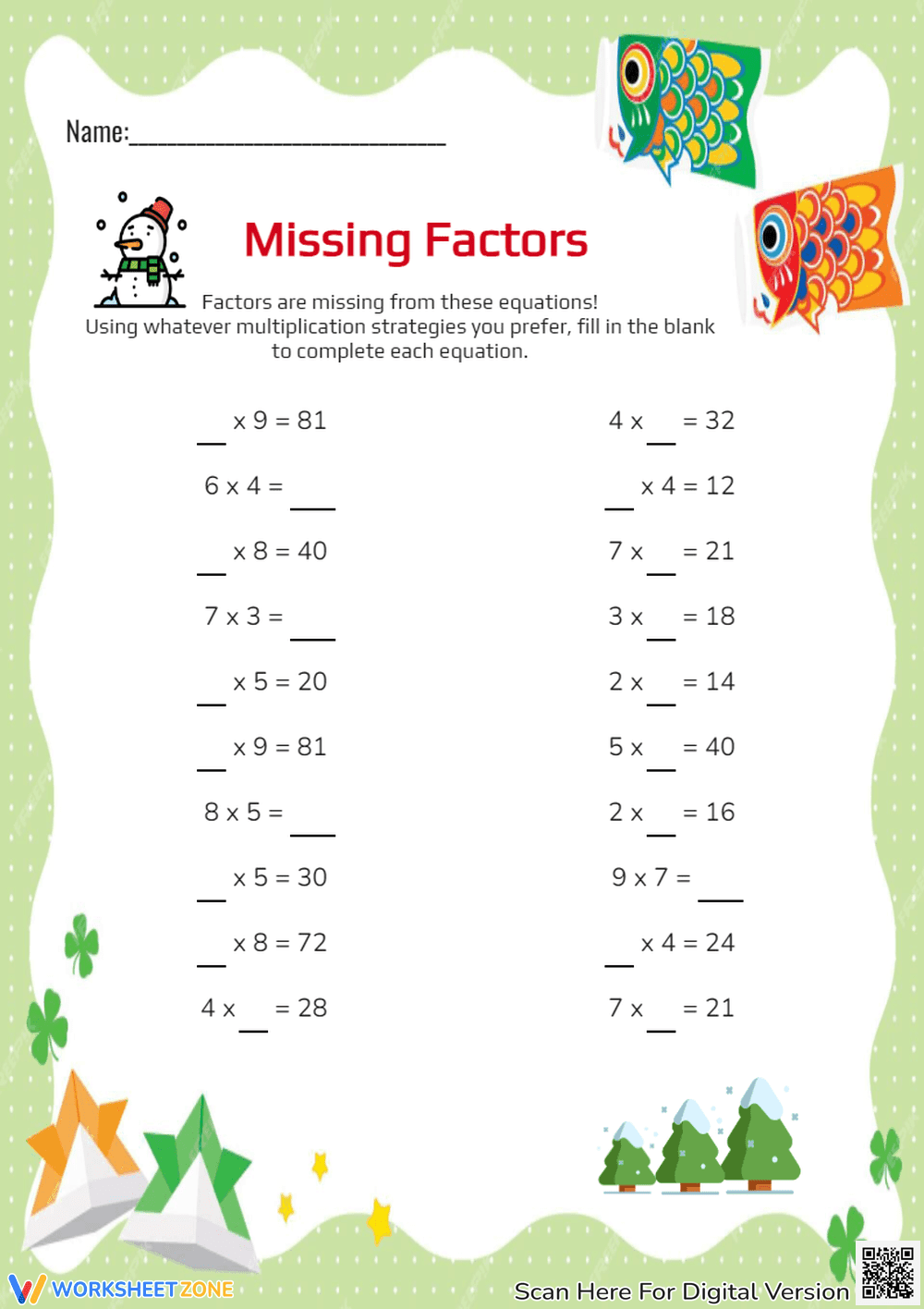 Winter Multiplication: Missing Factors Worksheet - Grades 2-3 - Page 1