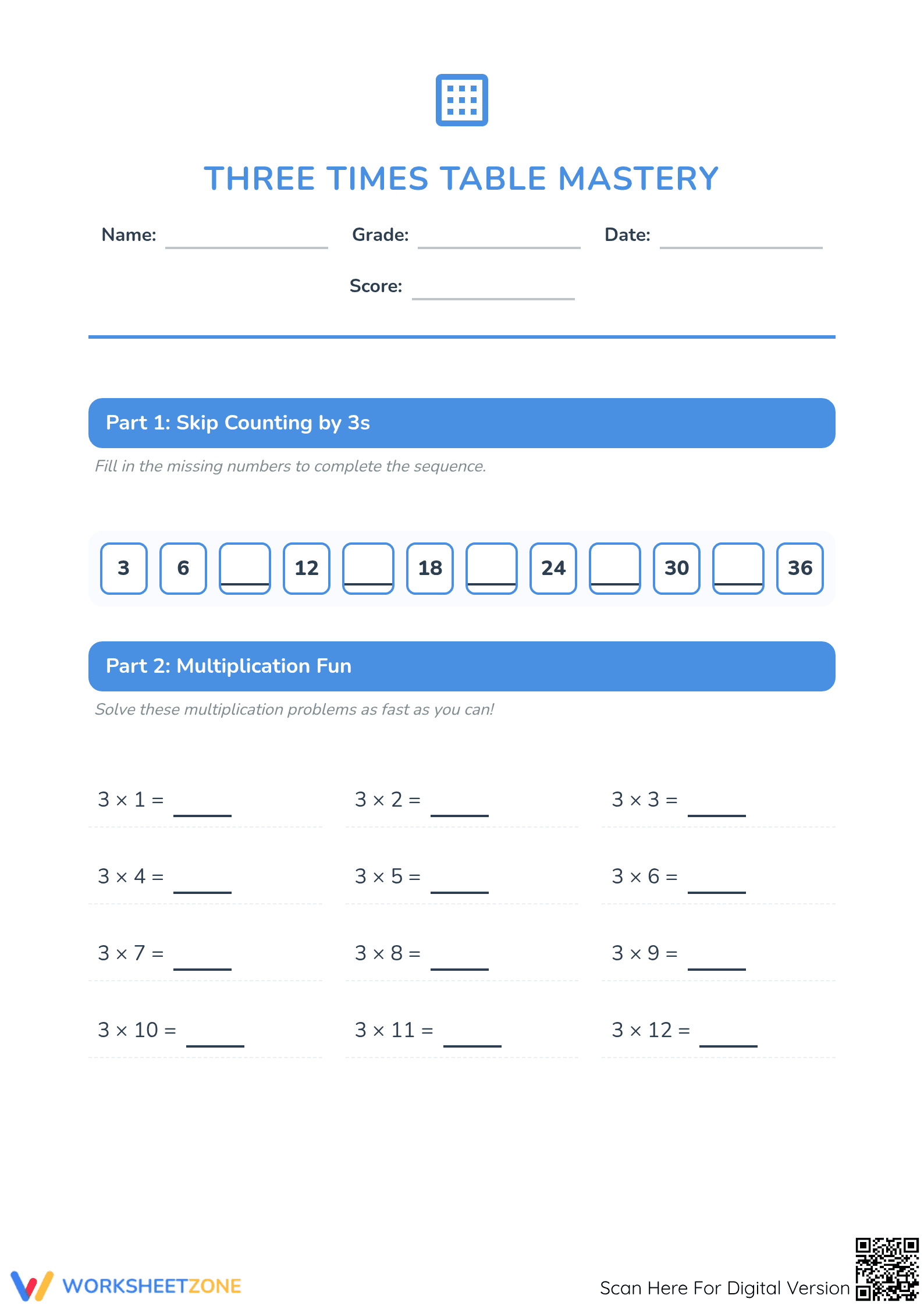 Complete Three Times Table Worksheet - Grade 3 Printable - Page 1