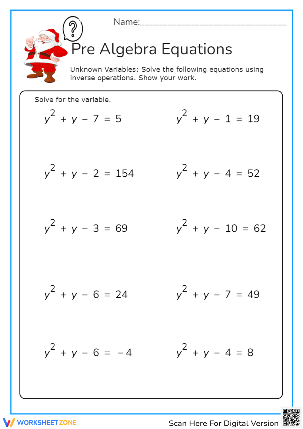 Pre Algebra Equations - Page 1