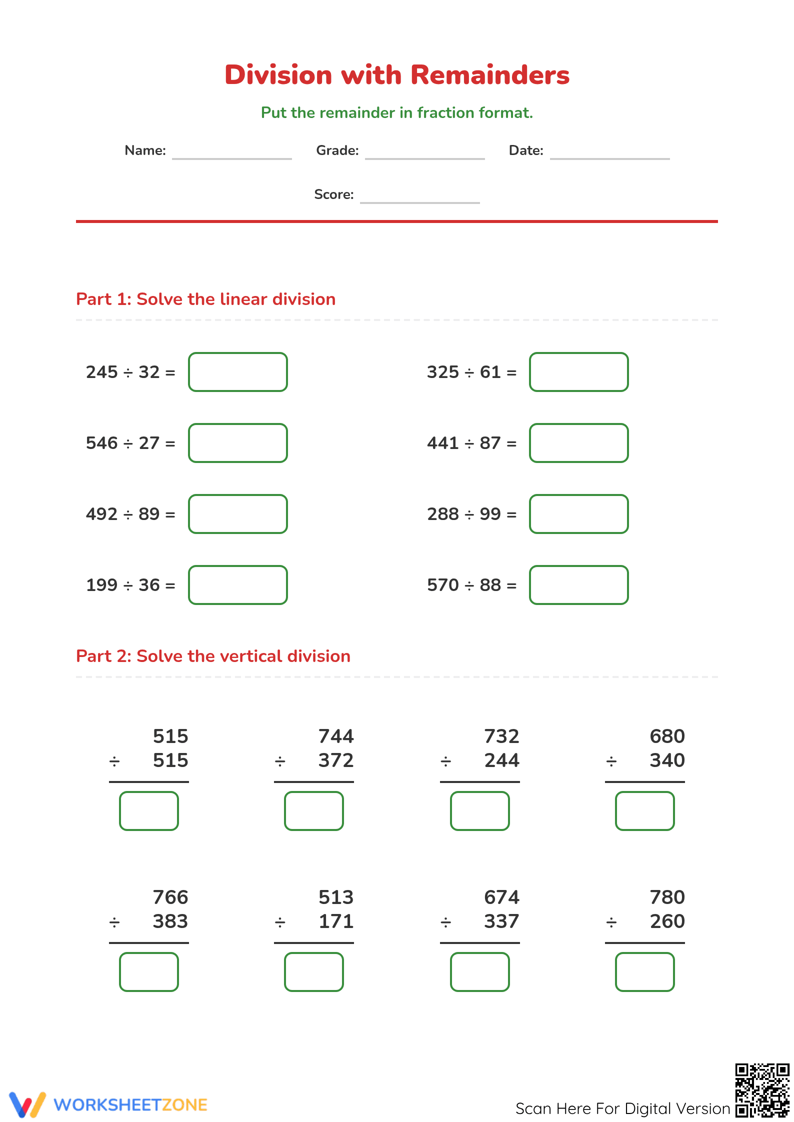 Printable Holiday Math: Division with Remainders — Grade 5 - Page 1