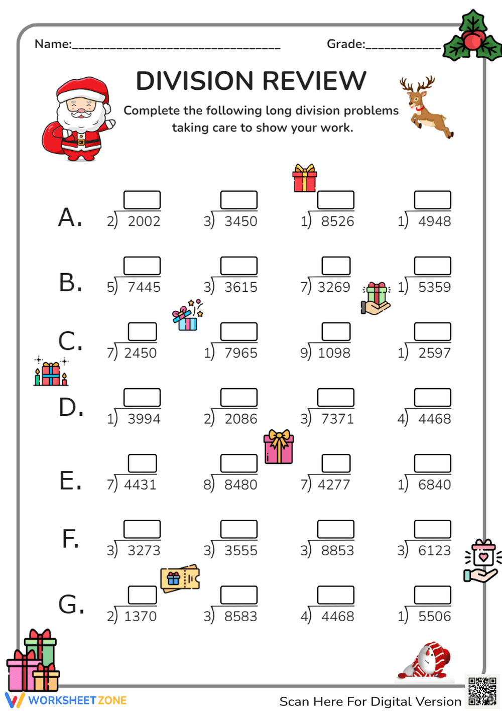 Christmas Math: Multi-Digit Division Review Worksheet - Page 1