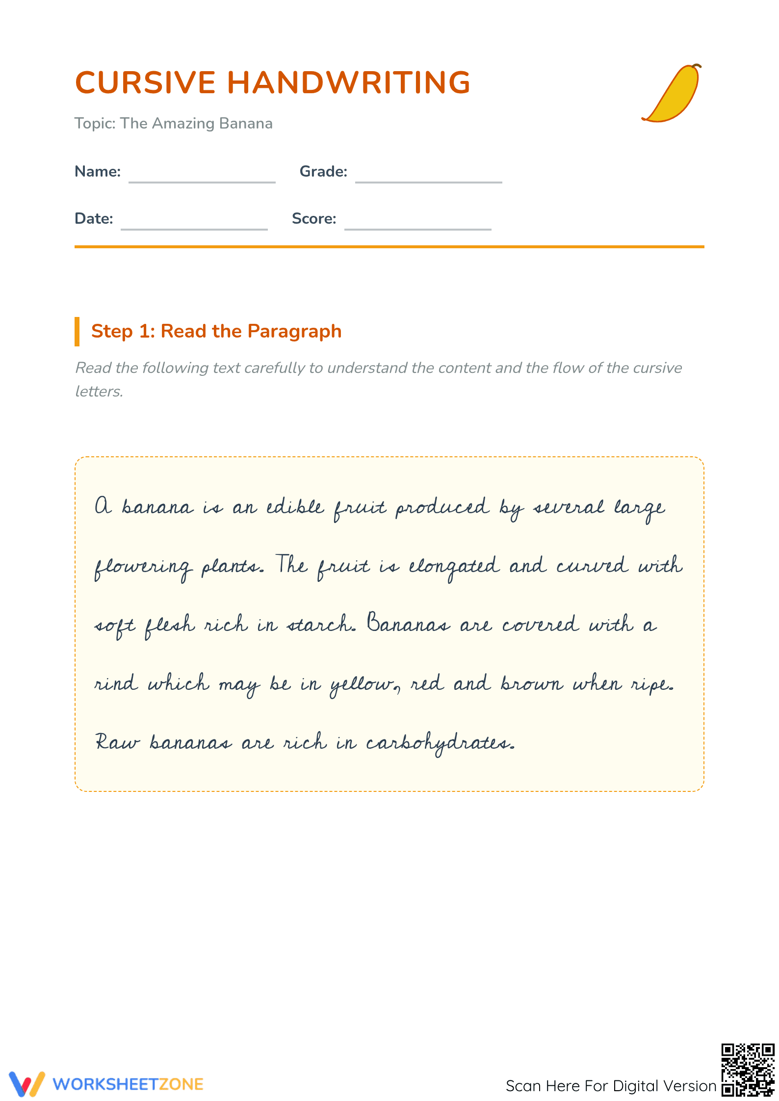 Banana Cursive Writing Worksheet - Page 1