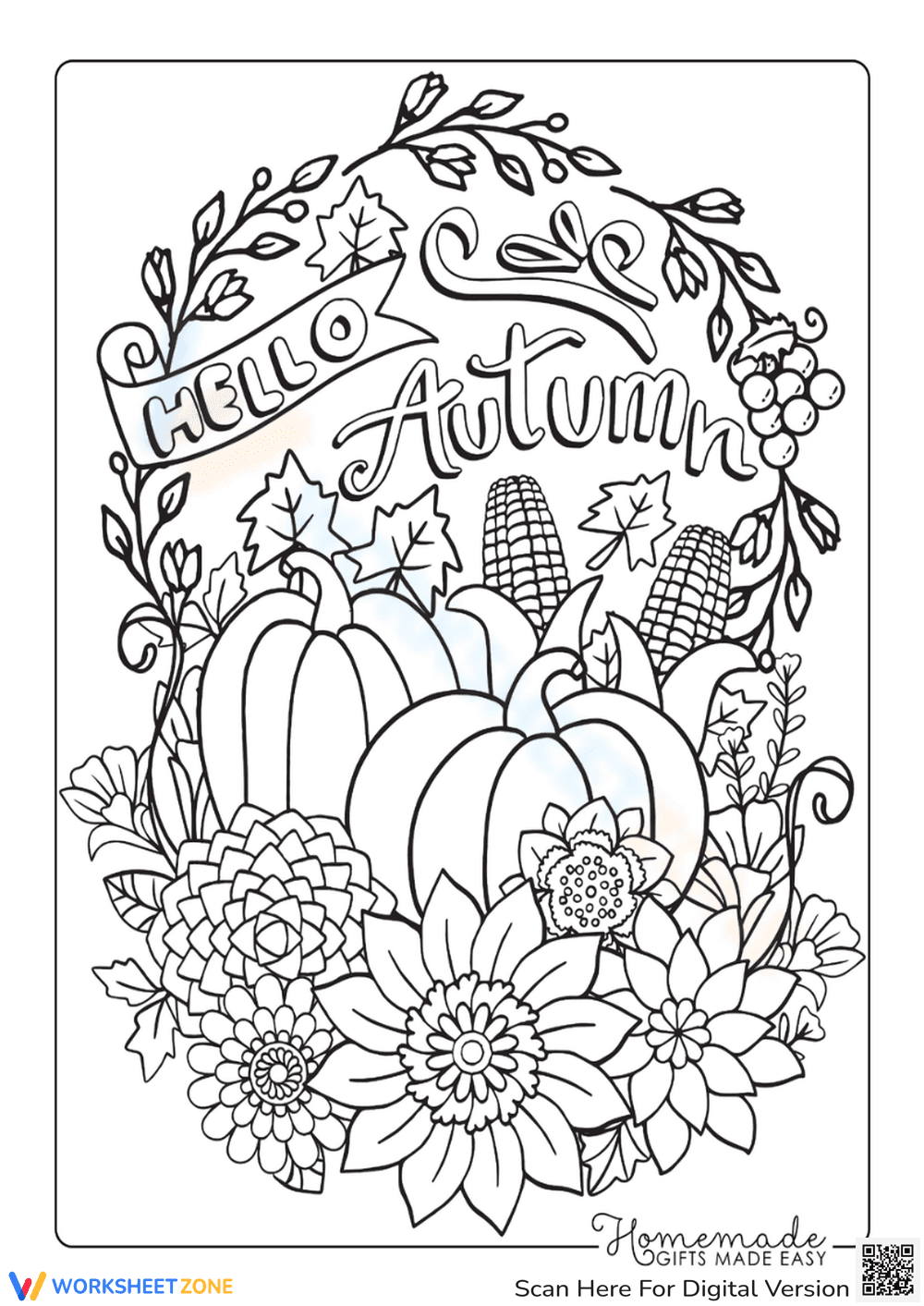 "Hello Autumn" Harvest Coloring Page - Page 1