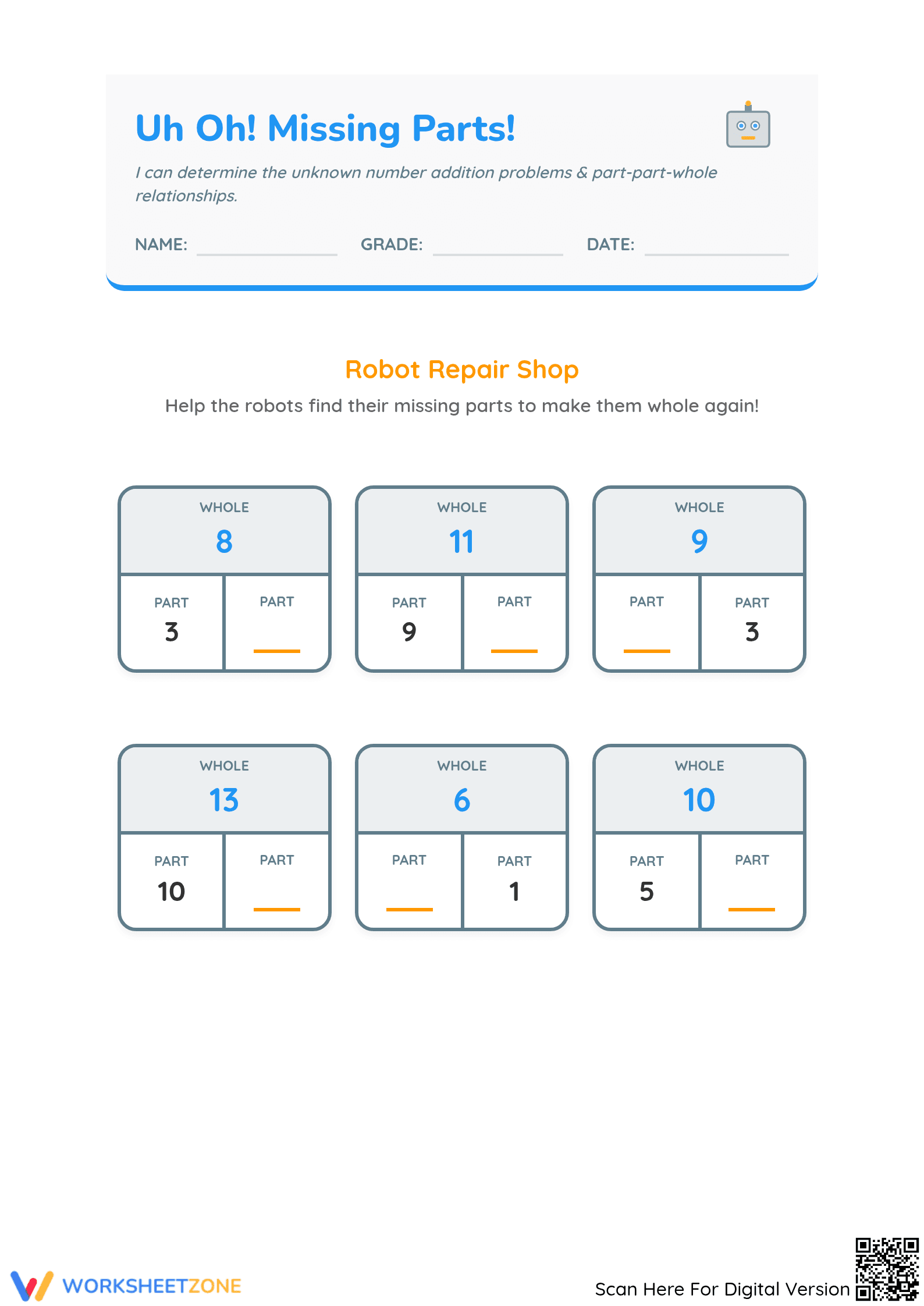 Printable Missing Parts Math Worksheet | Grades 1-2 Aligned - Page 1