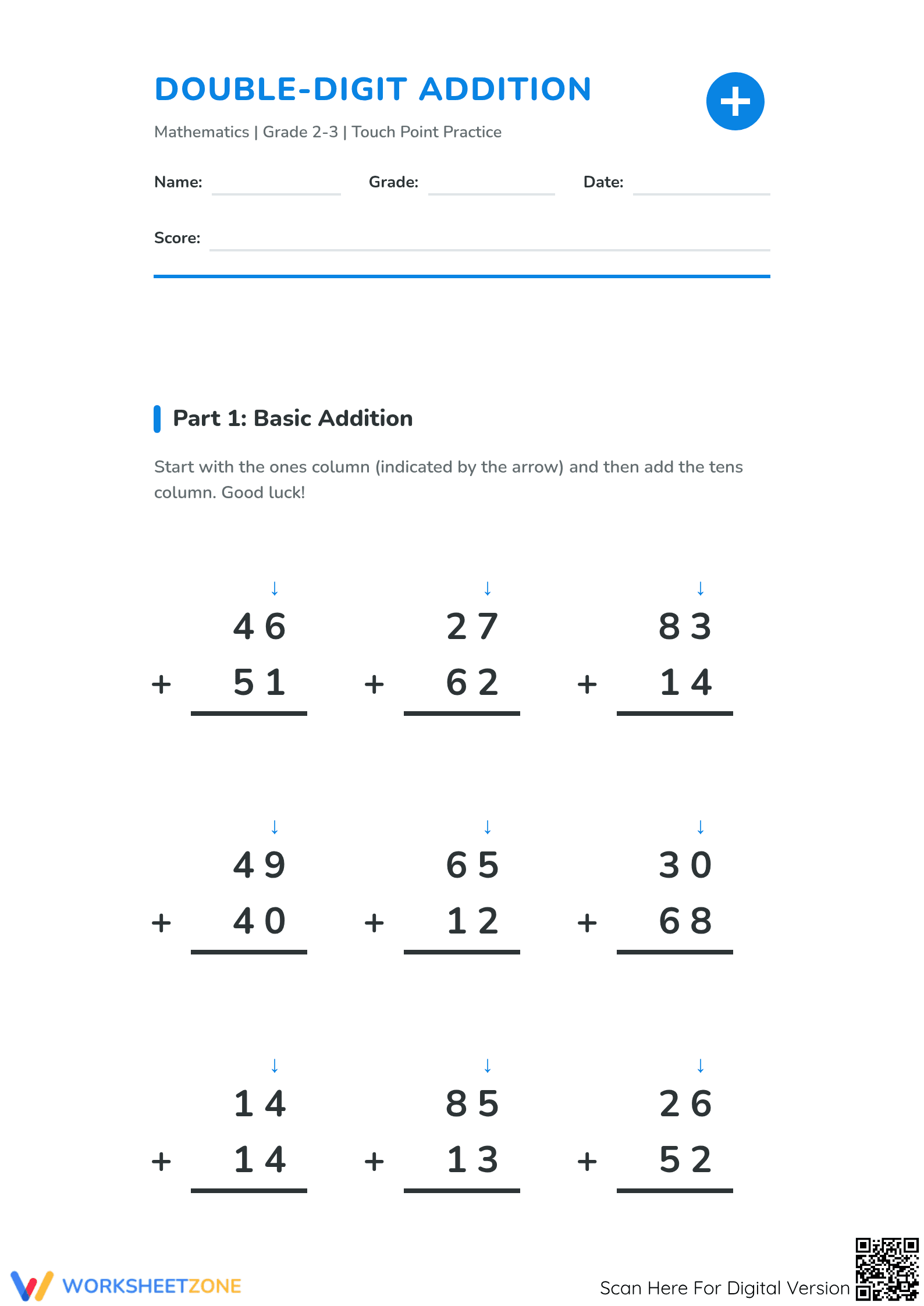 Grade 2 Double-Digit Addition — Printable No-Prep Worksheet - Page 1