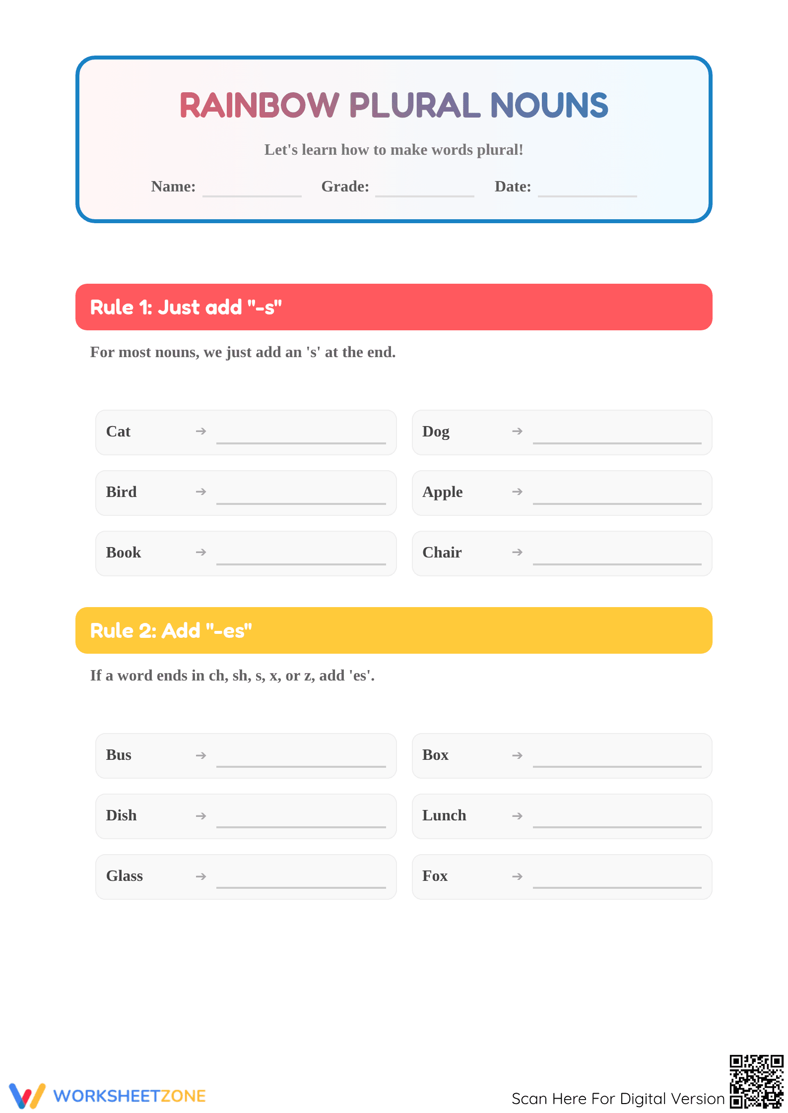 Essential Plural Nouns Worksheet | Grade 2 Printable - Page 1