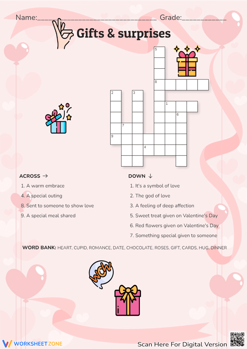 Valentine's Day Crossword Puzzle - Gifts & Surprises Fun! - Page 1