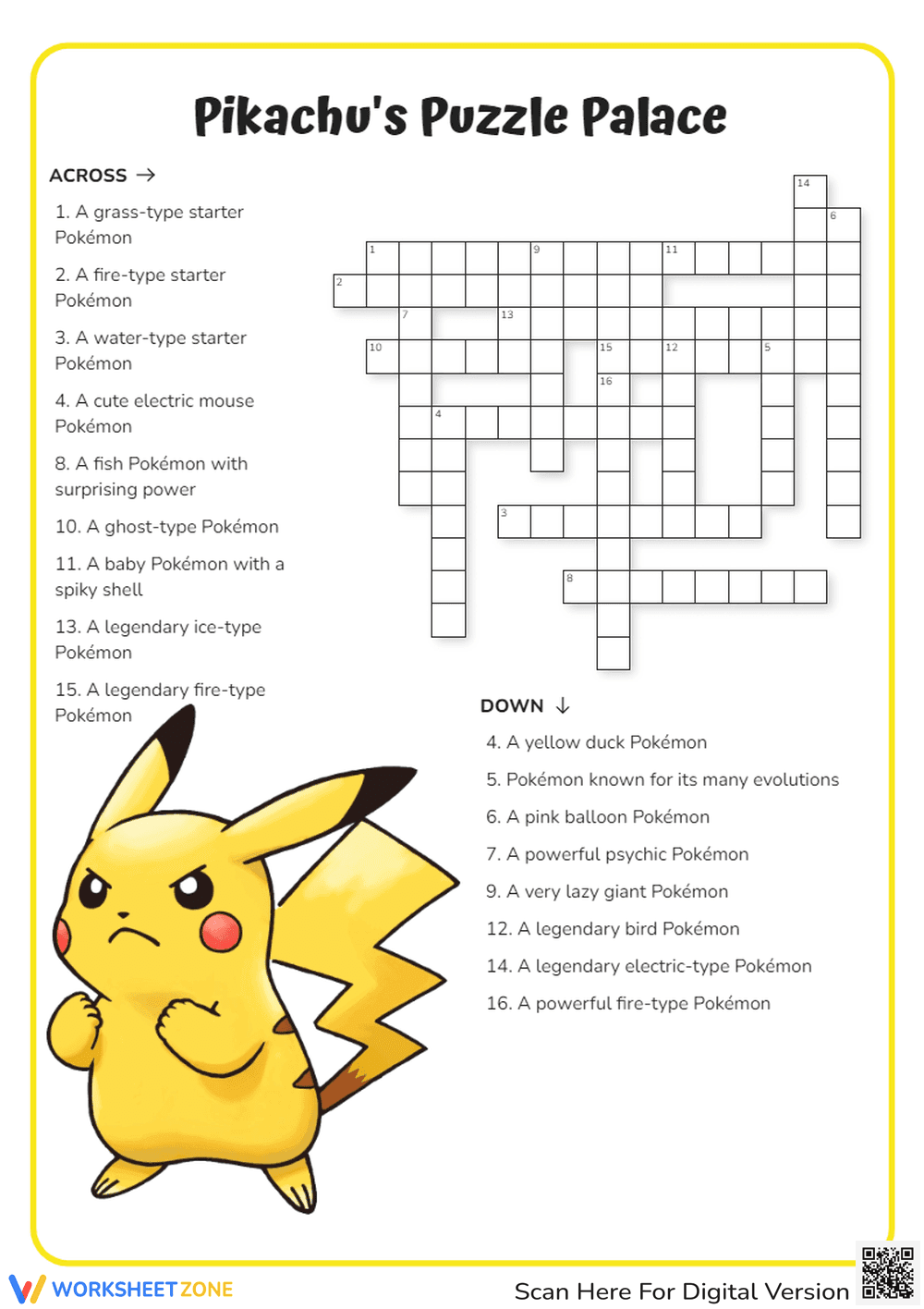 Pikachu Crossword Puzzle | Grade 2 Printable ELA - Page 1