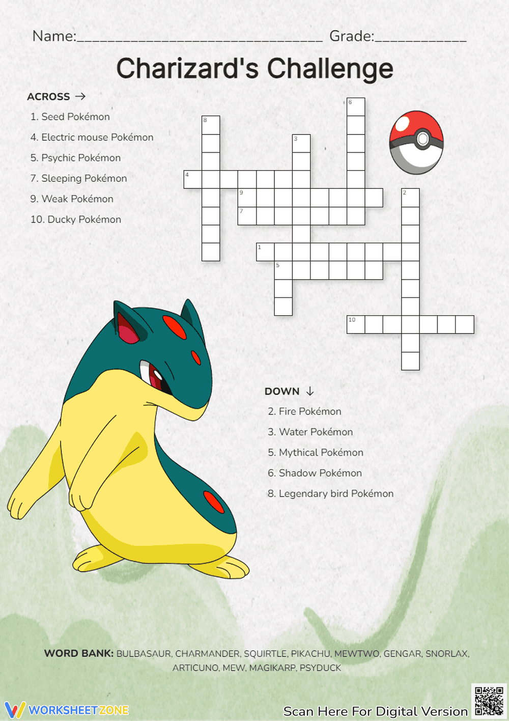 Printable Pokemon Crossword Puzzle | Grade 1-3 ELA - Page 1