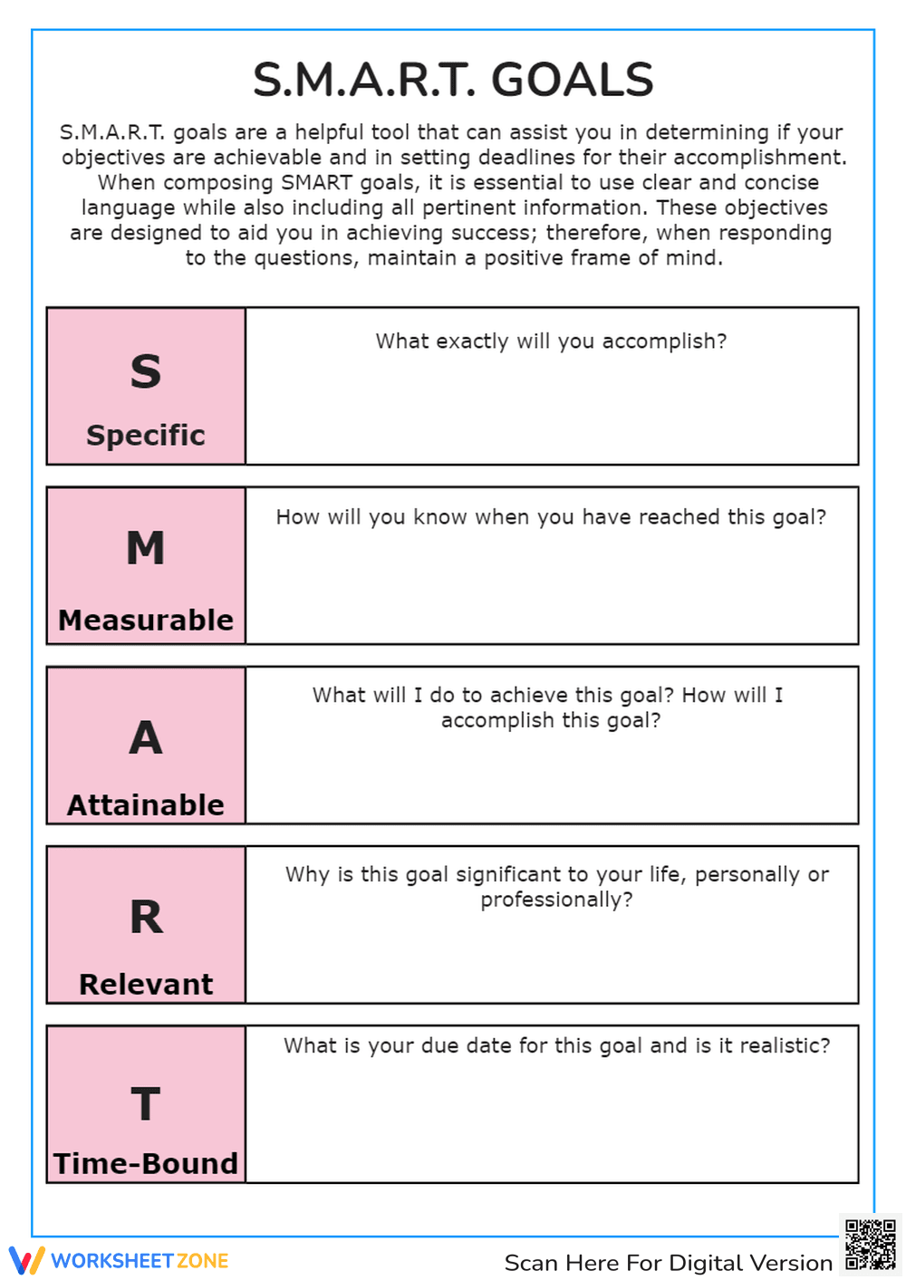 Back to School Worksheet for Kids - SMART Goals Printable - Page 1