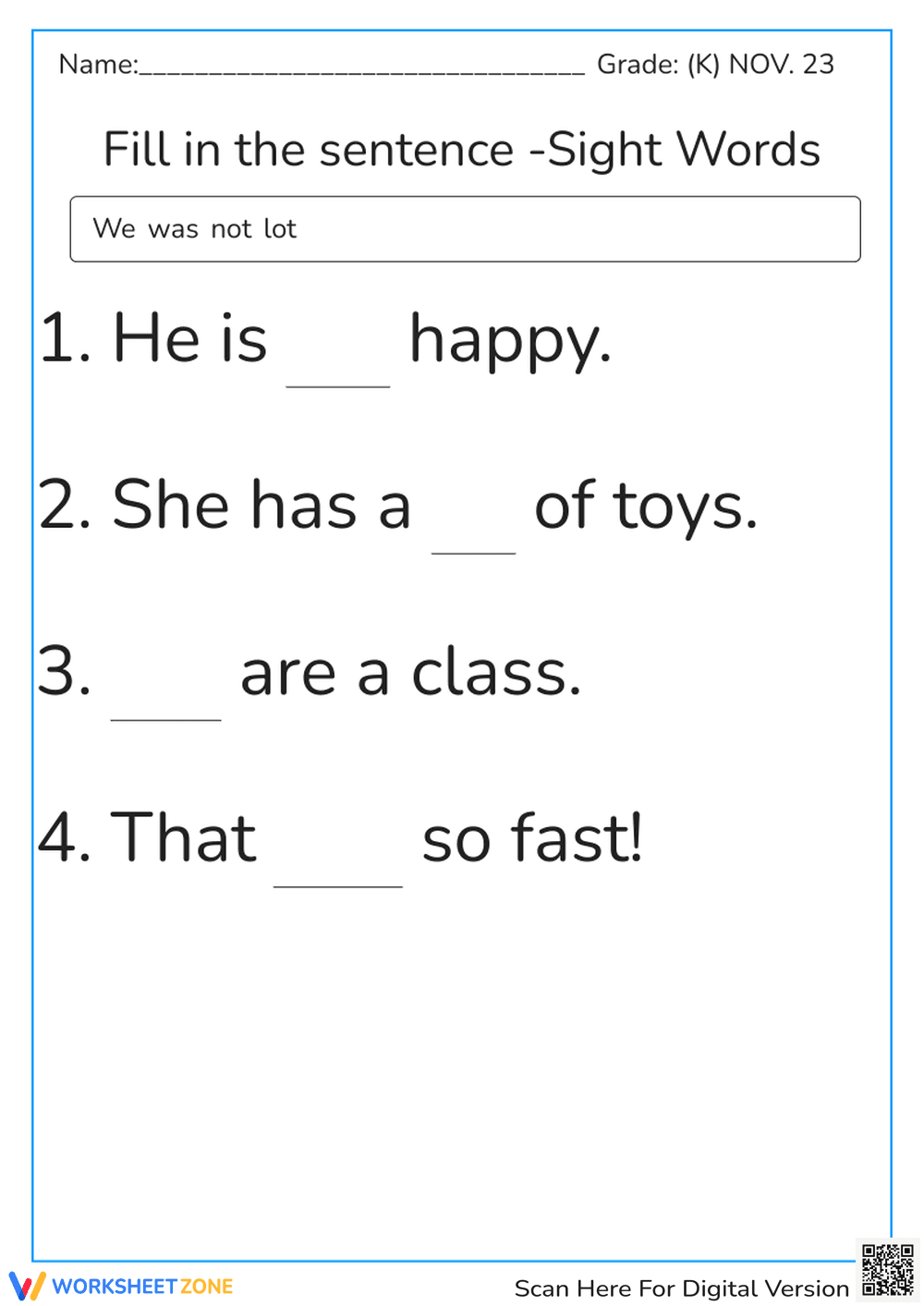 we, was, not, lot Sight Word Fill IN - Page 1