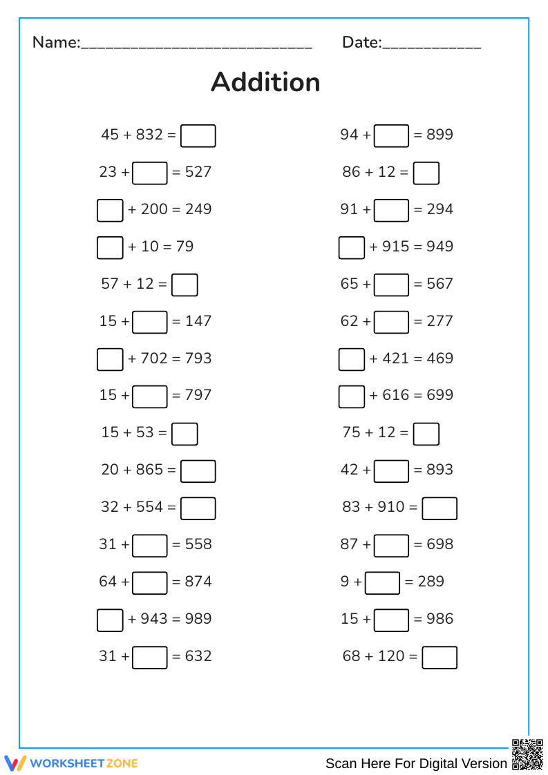 Addition Practice with Missing Numbers - Page 1