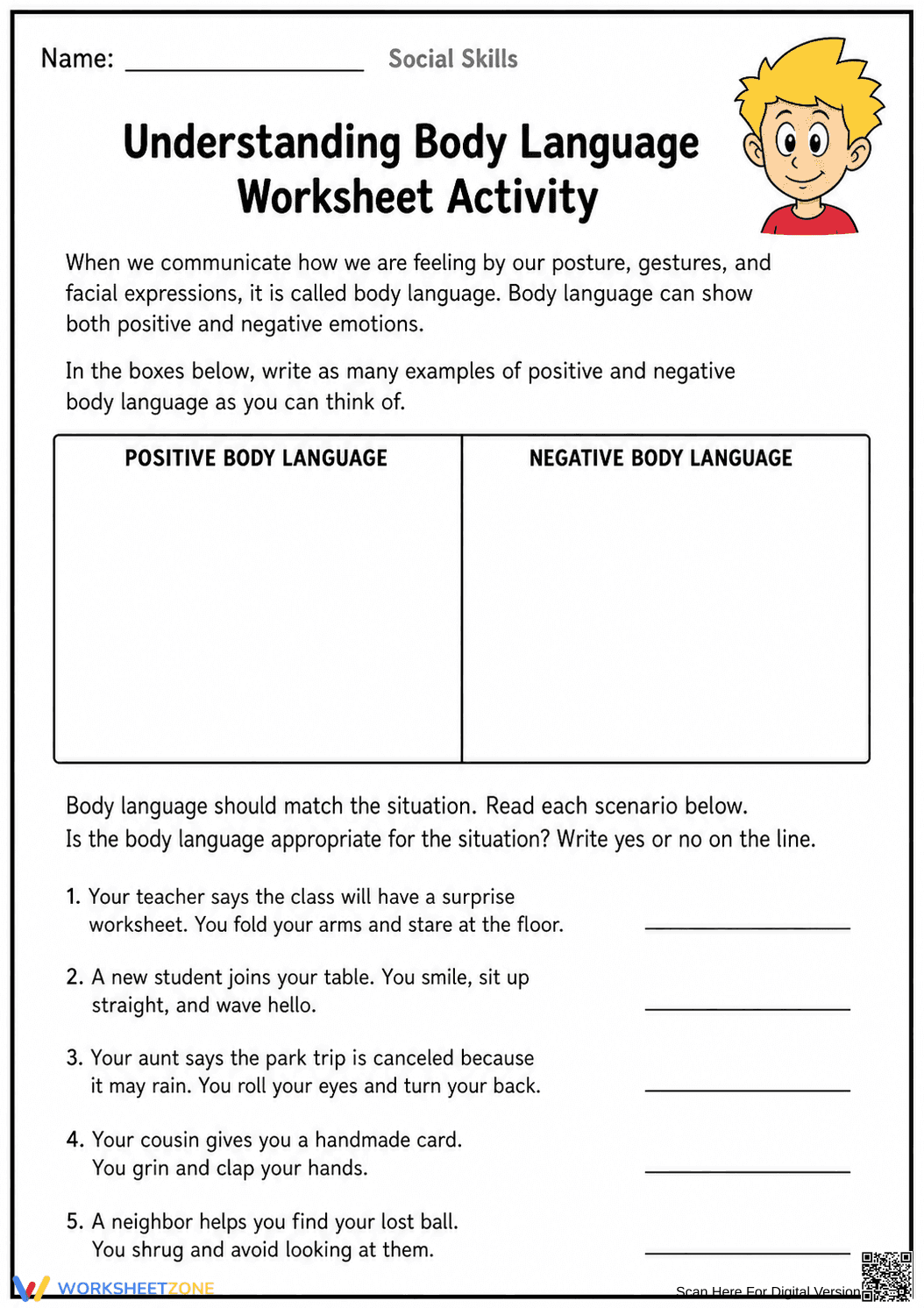 Grade 6 Body Language — Printable No-Prep Worksheet - Page 1