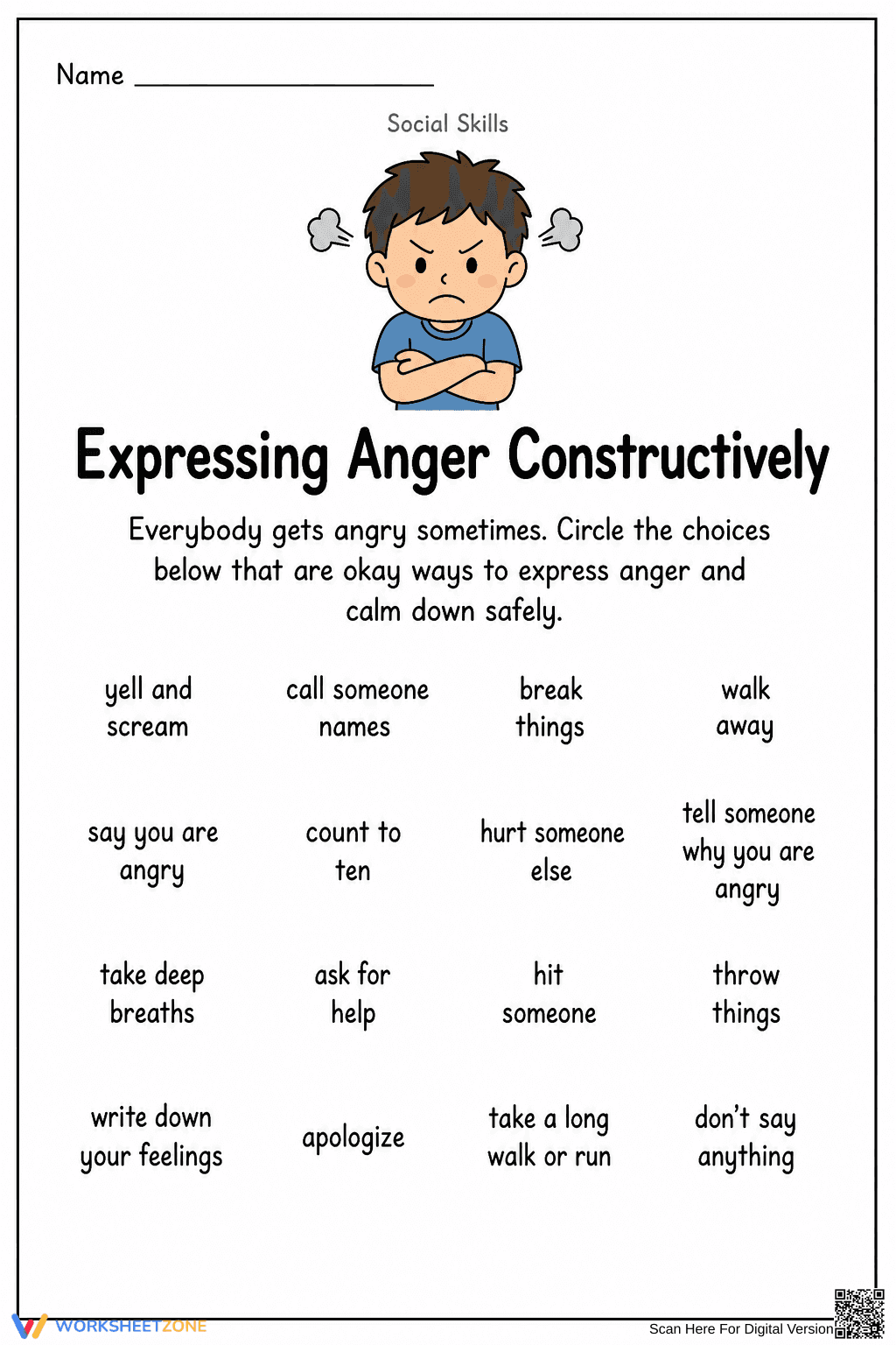 Expressing Anger Worksheet | Grade 6-8 Essential - Page 1