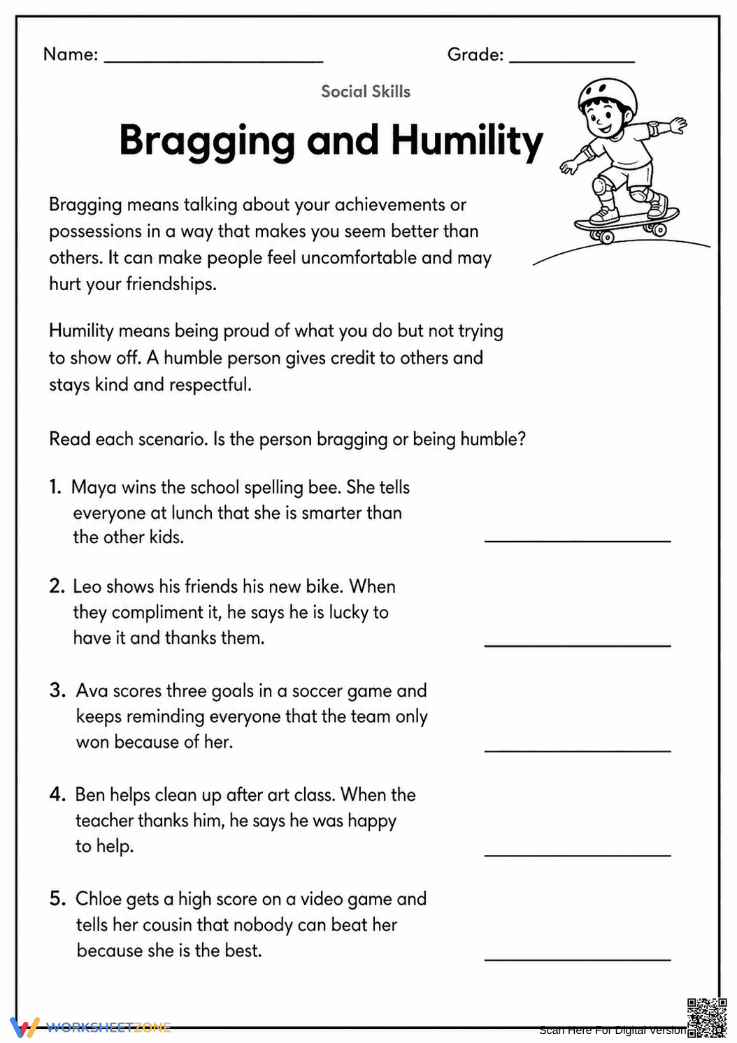 Printable Bragging vs Humility Worksheet | Grade 4 SEL - Page 1