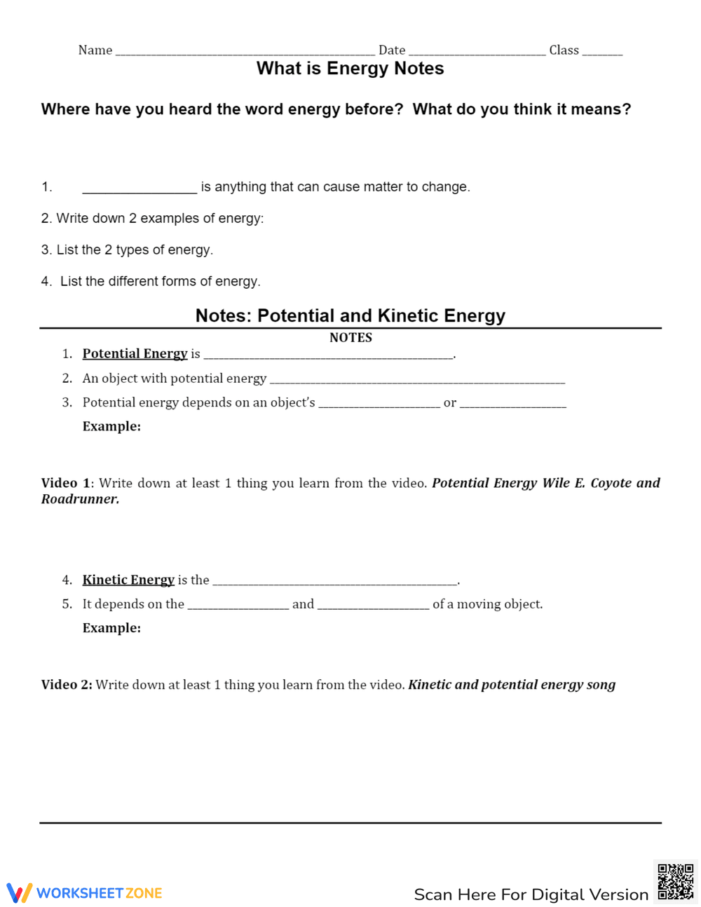 Energy Worksheet - Potential and Kinetic Energy - Page 1