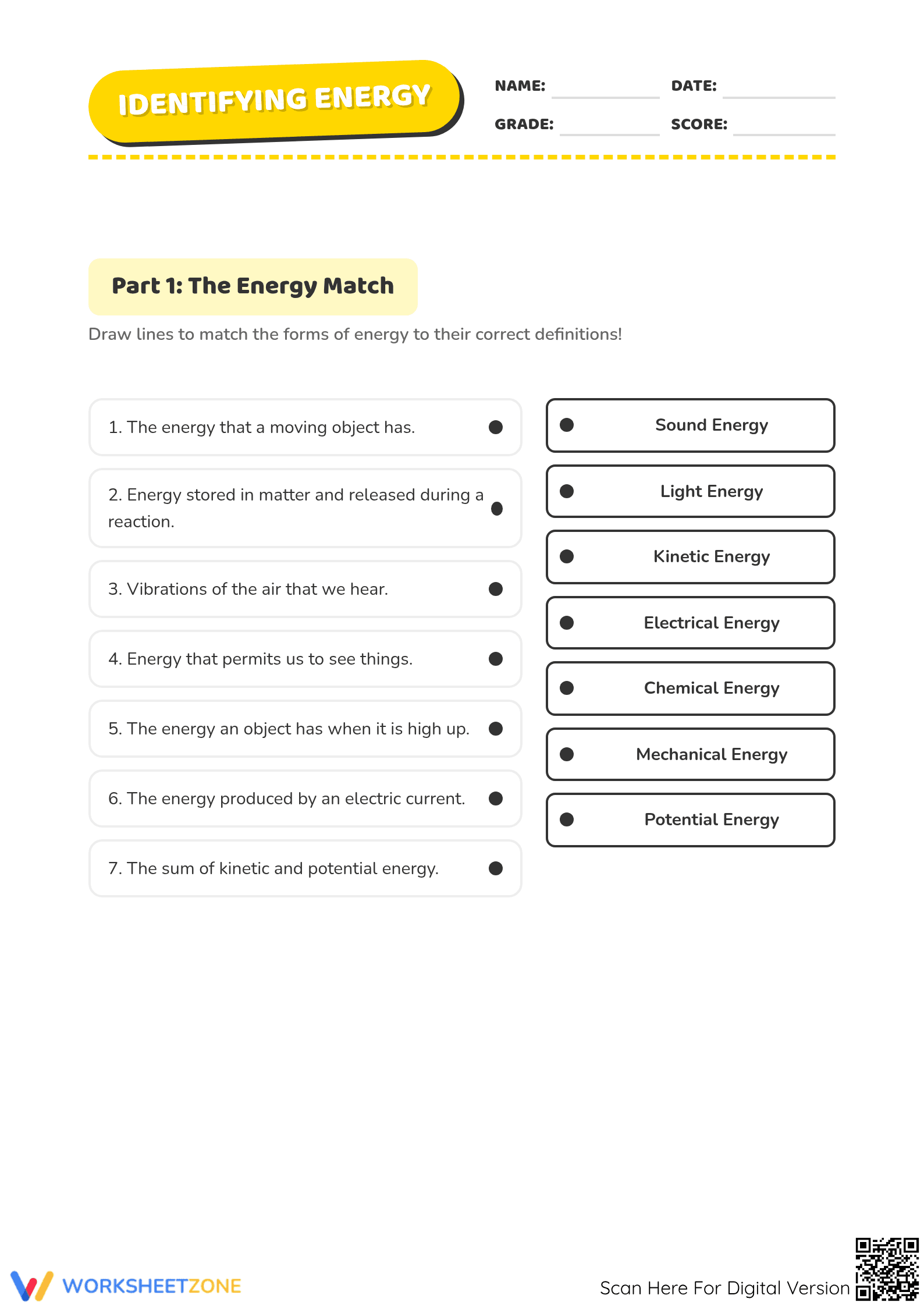 Worksheet to Identify Forms of Energy - Page 1