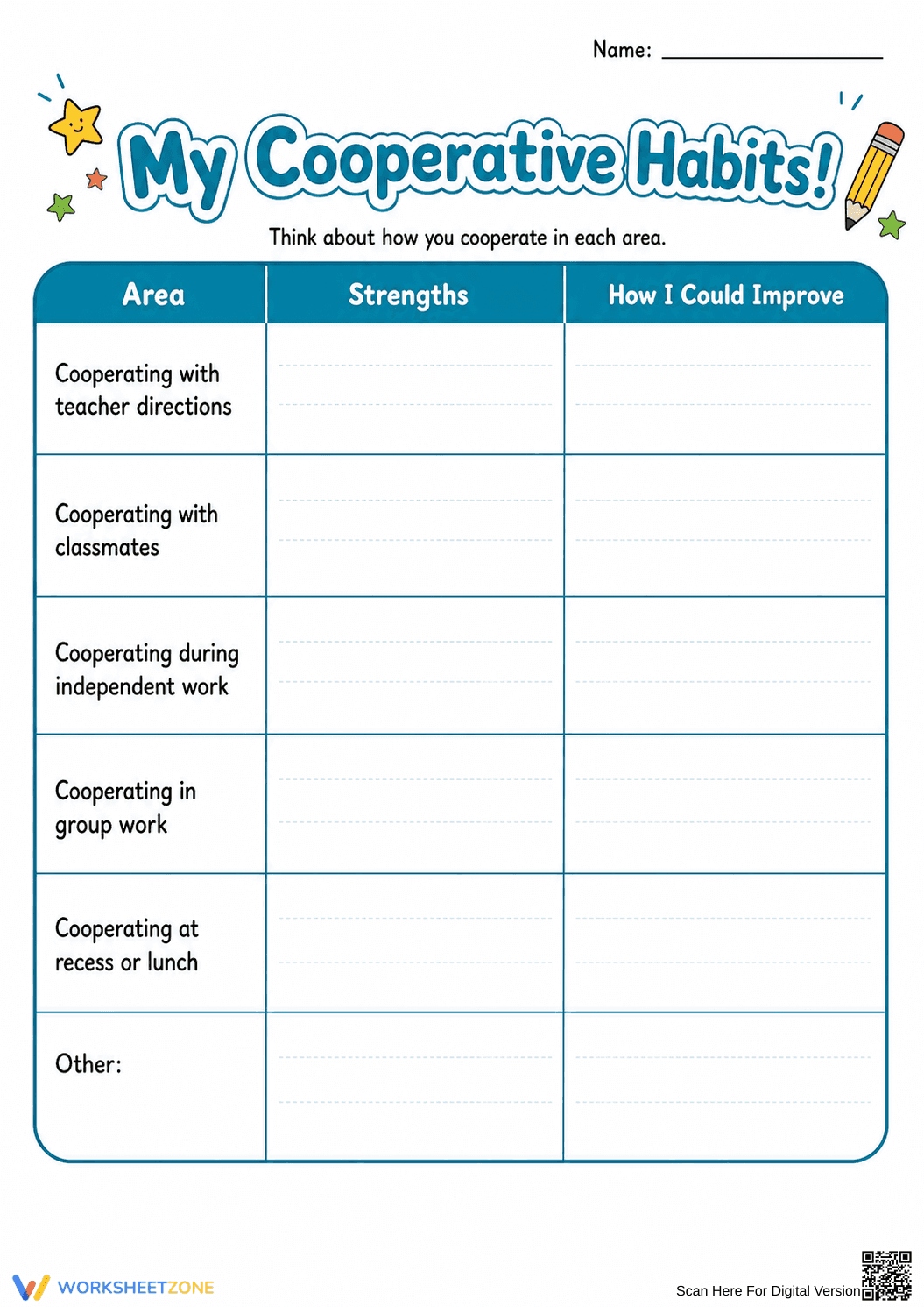 My Cooperative Habits Worksheet | Grade 2-5 Essential - Page 1