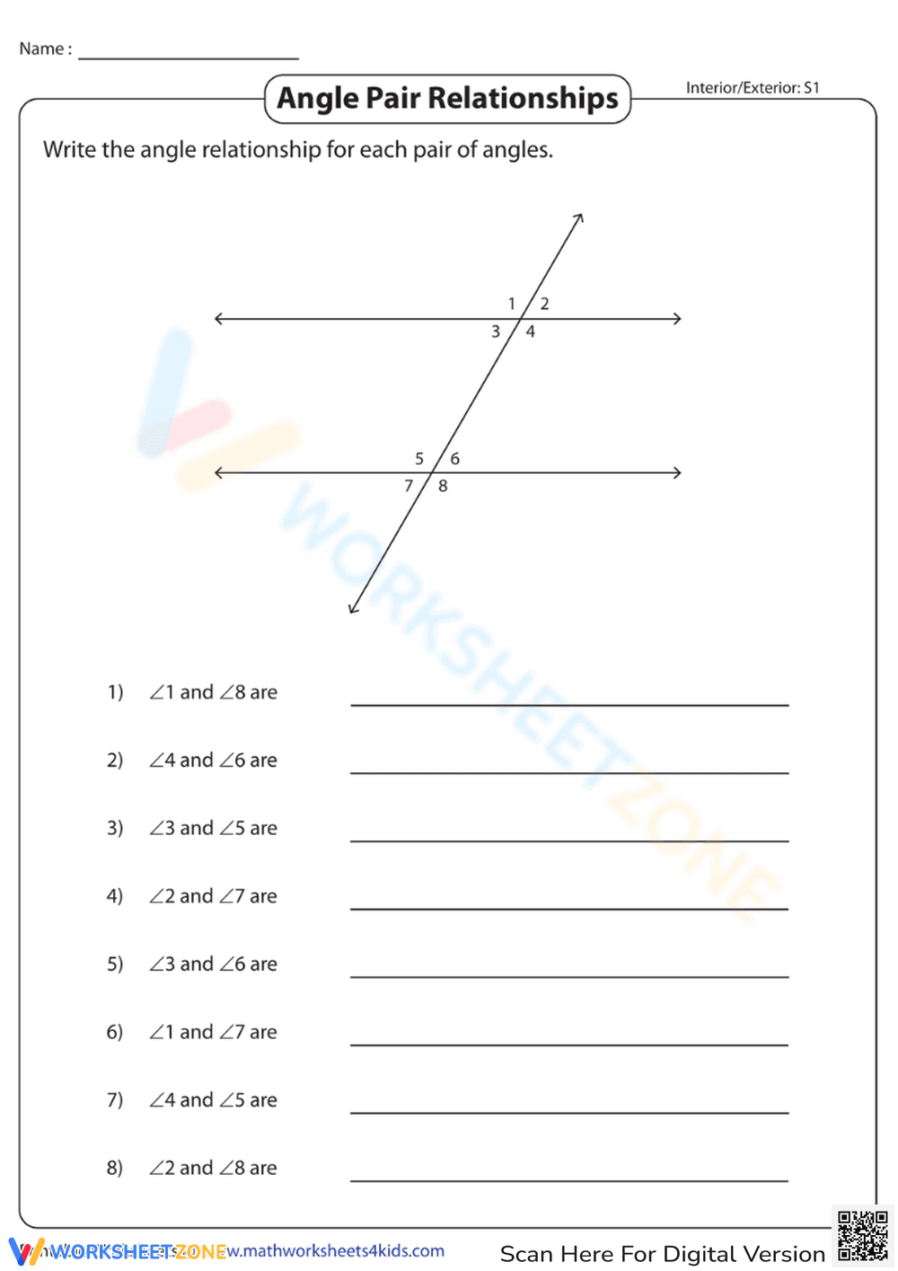 Explore Angle Pair Relationships with this Worksheet - Page 1