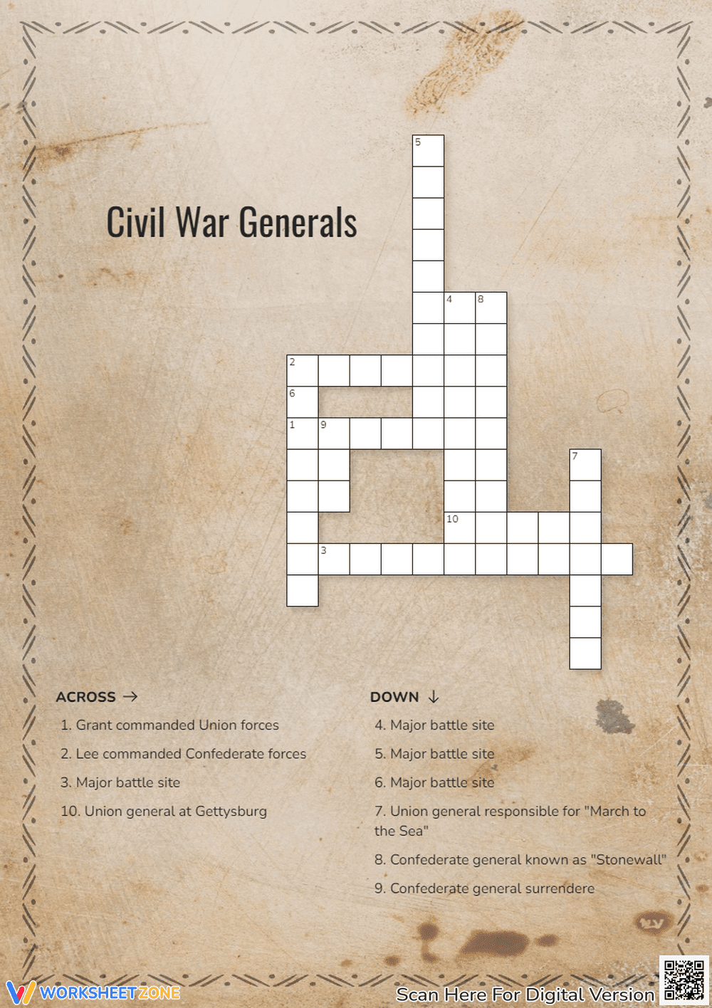 Civil War Generals Crossword — Printable Grade 5 - Page 1