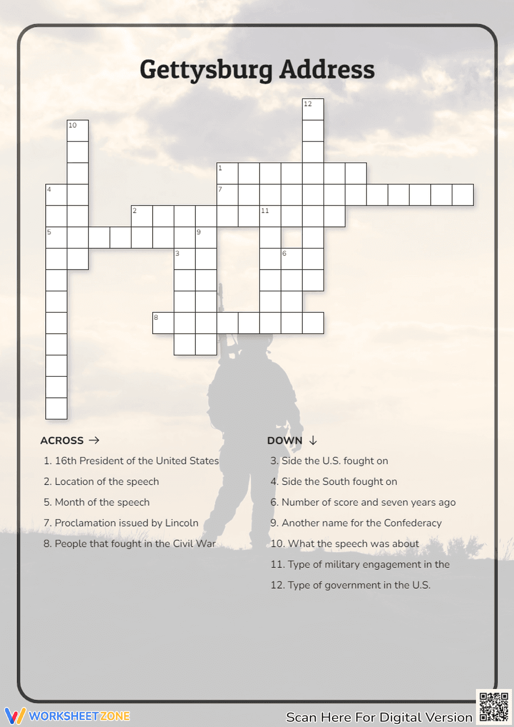 Gettysburg Address Crossword | Grade 5 Printable - Page 1