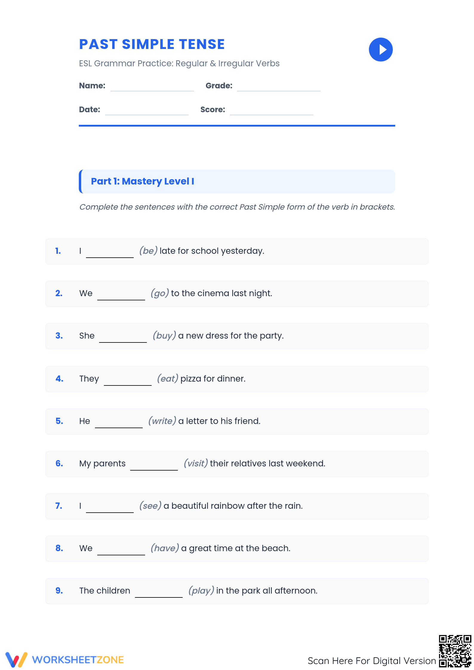 L.5.1.D Worksheet: Past Simple Tense — Grade 5-8 Essential - Page 1