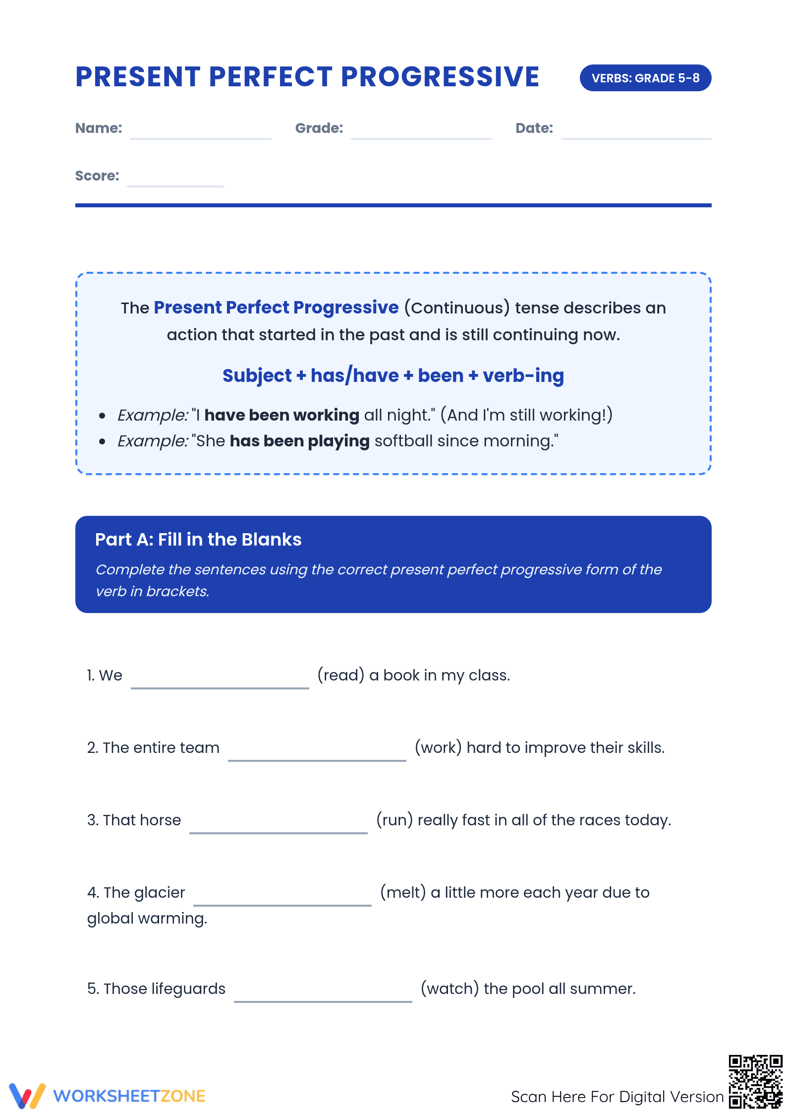 Printable Present Perfect Progressive Worksheet | Grade 5-8 - Page 1