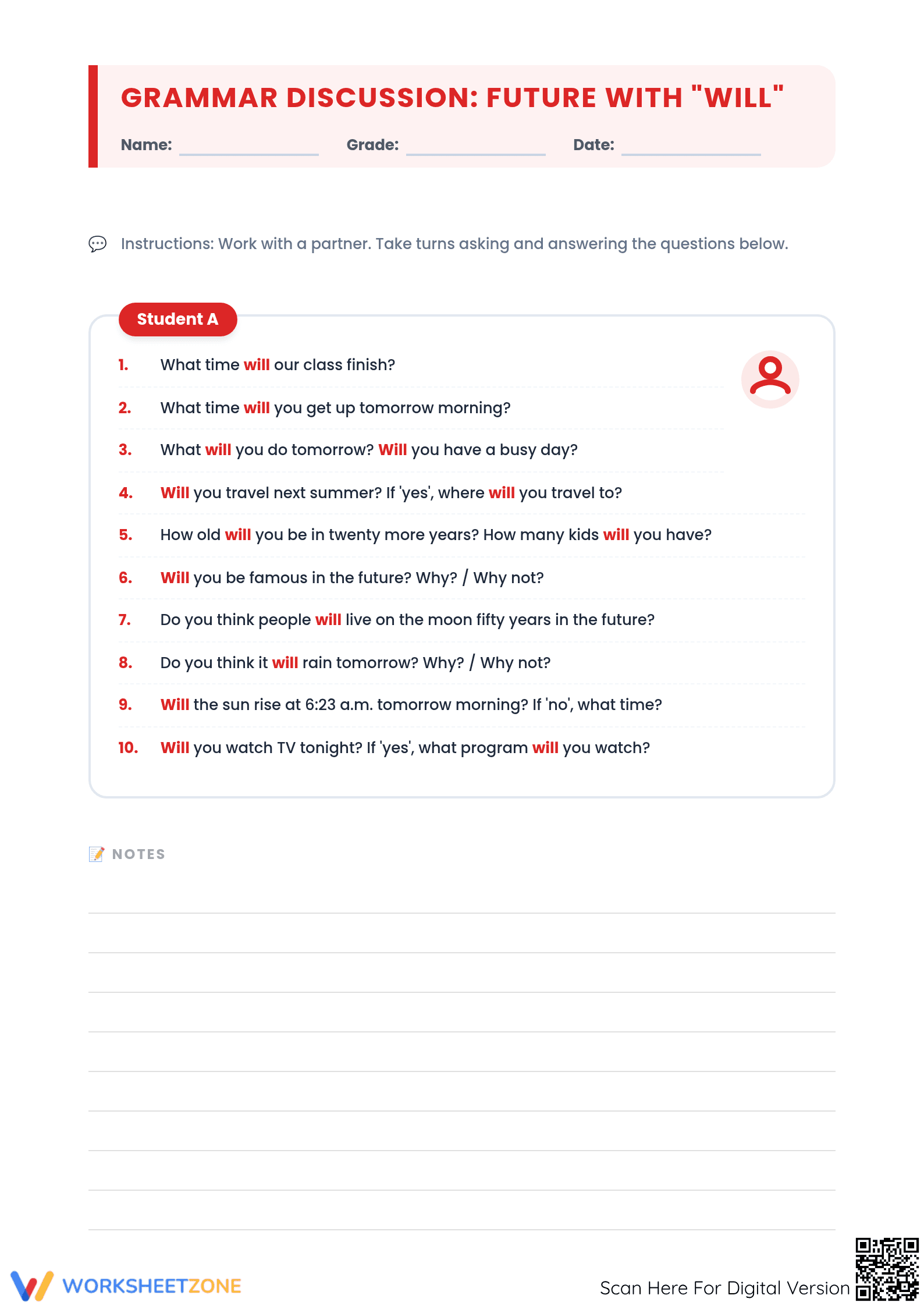 Future with Will Discussion | Grade 5-8 Printable Worksheet - Page 1