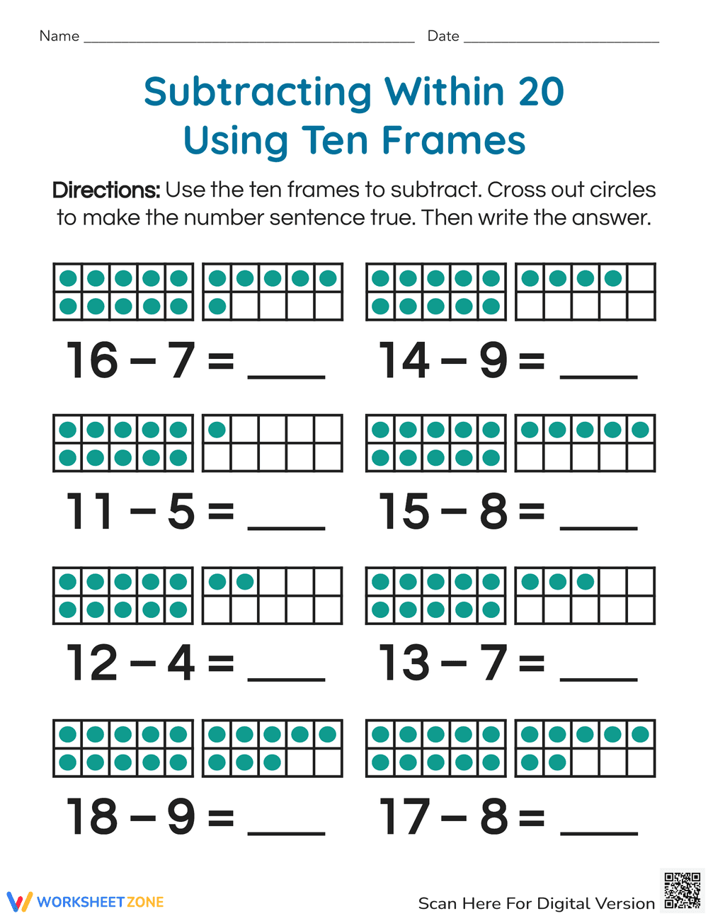Subtraction with Ten Frames - Page 1