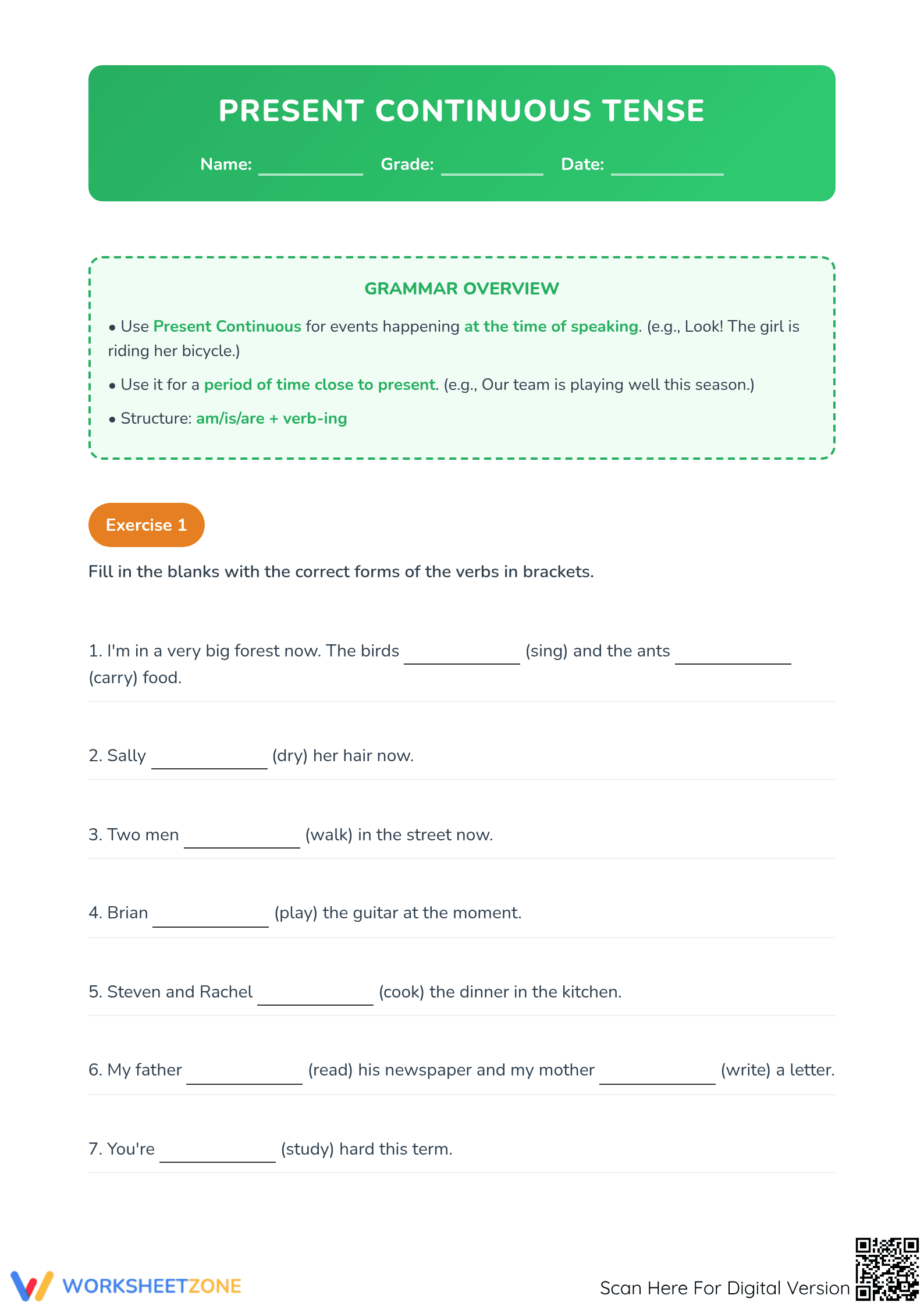 Present Continuous Tense Worksheet | Grade 5 Printable - Page 1