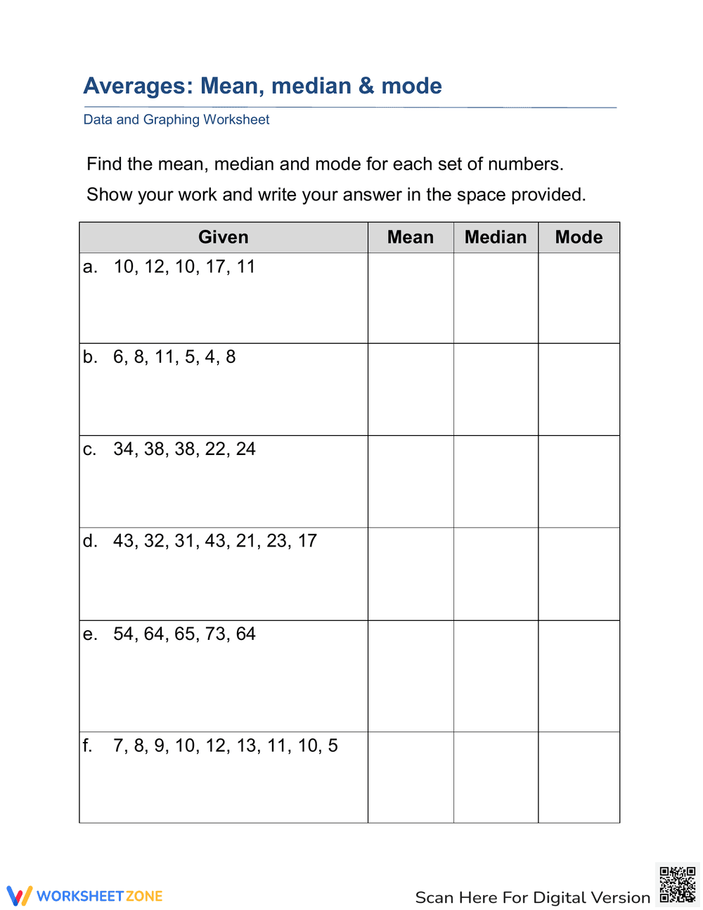 Calculate Averages: Mean, Median, and Mode Practice - Page 1