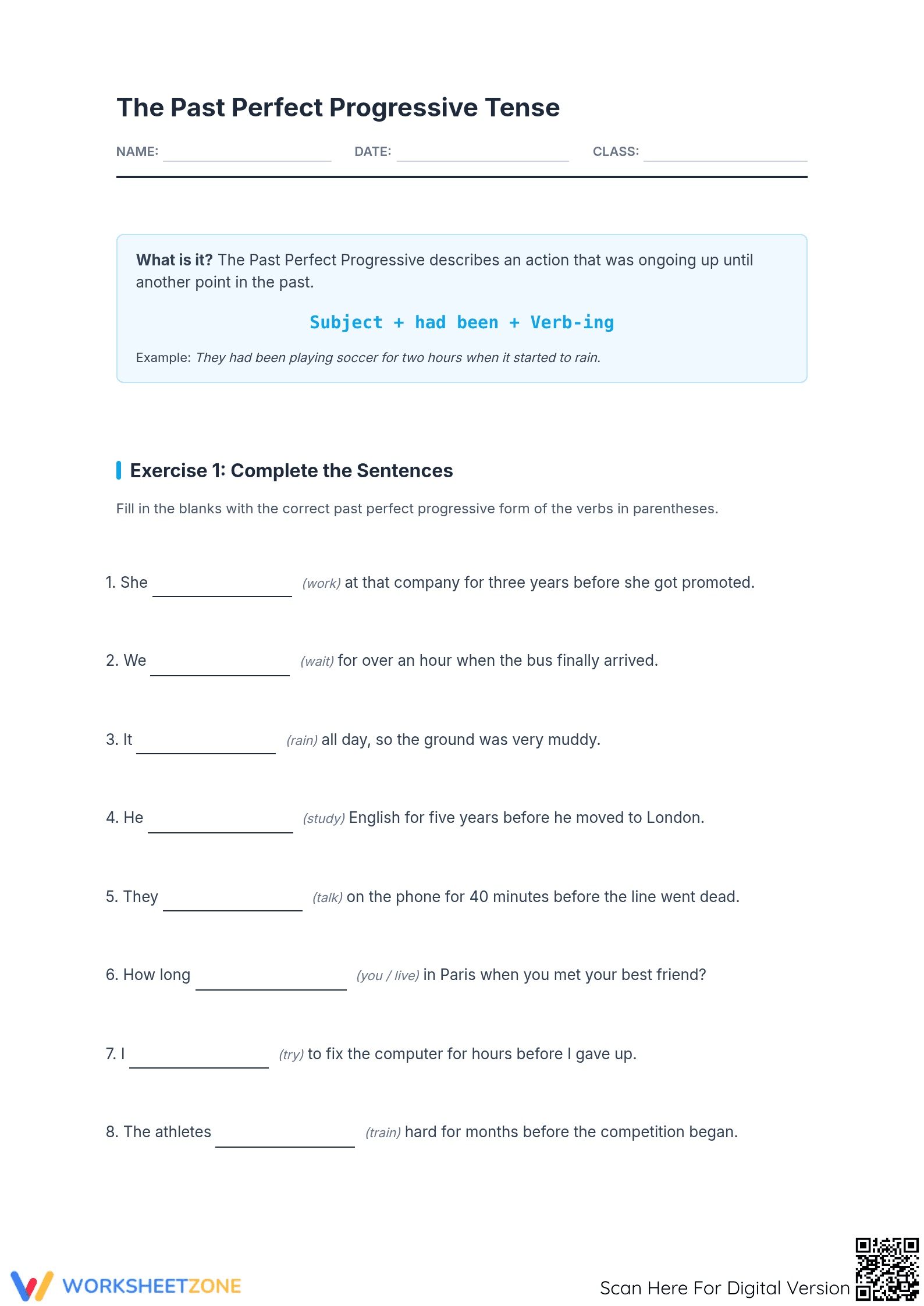 Past Perfect Progressive Worksheet | Grade 5-8 Ready - Page 1