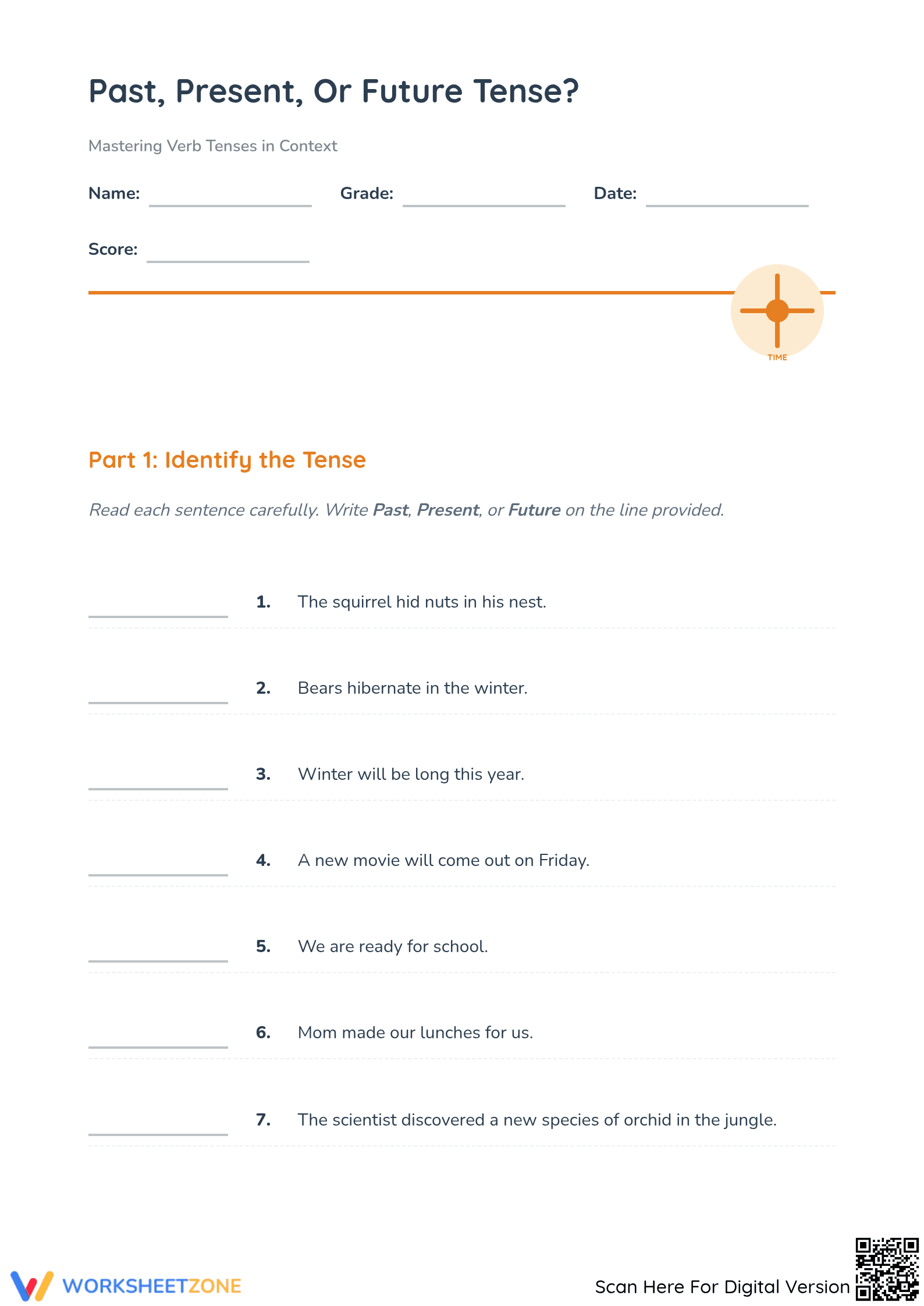 Past, Present, Future Tenses Printable | Grade 5 ELA - Page 1