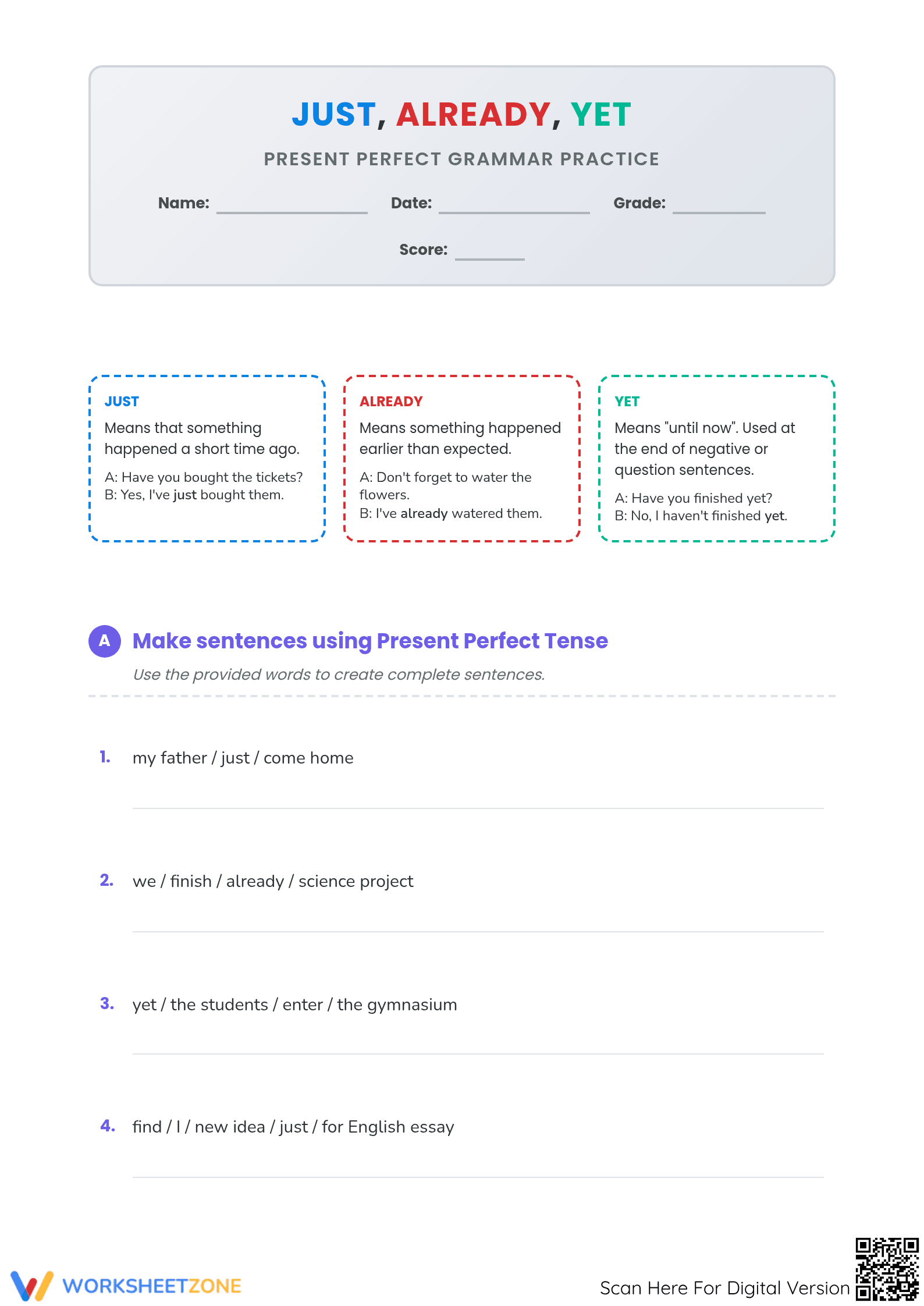 Present Perfect Adverbs: Just Already Yet (Printable) - Page 1