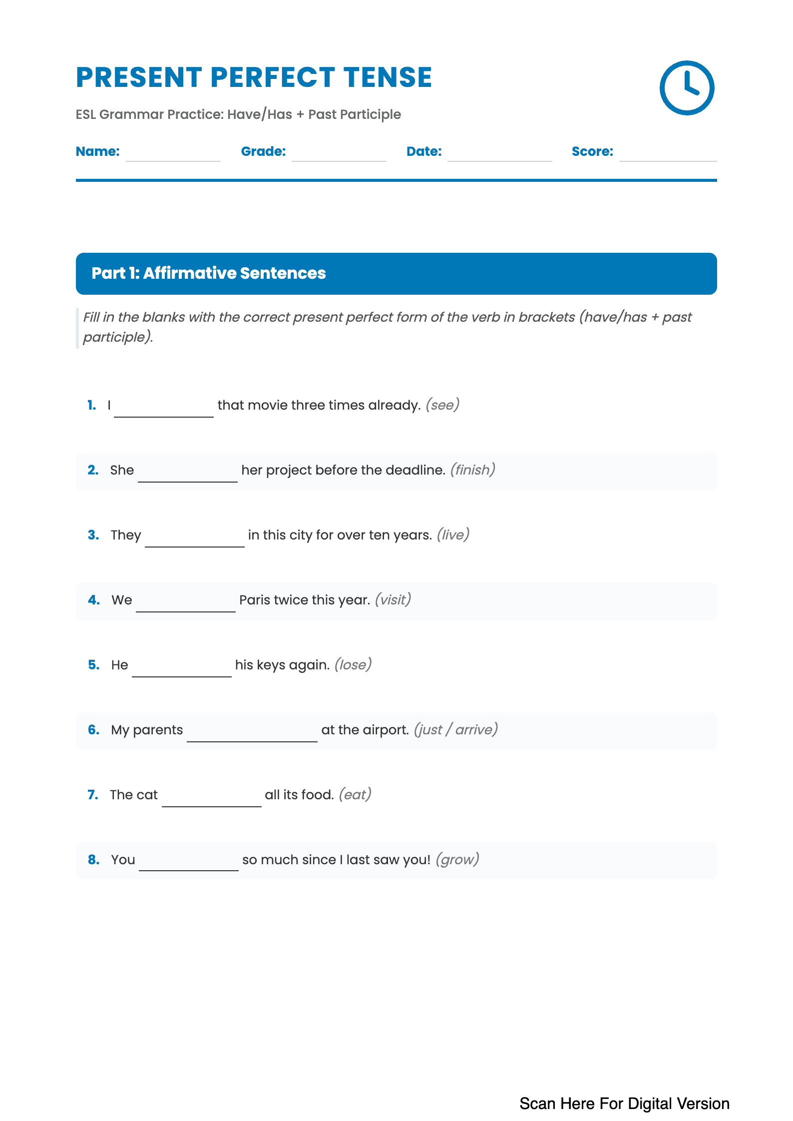 Gap Fill Exercise: Present Perfect Tense ESL - Page 1