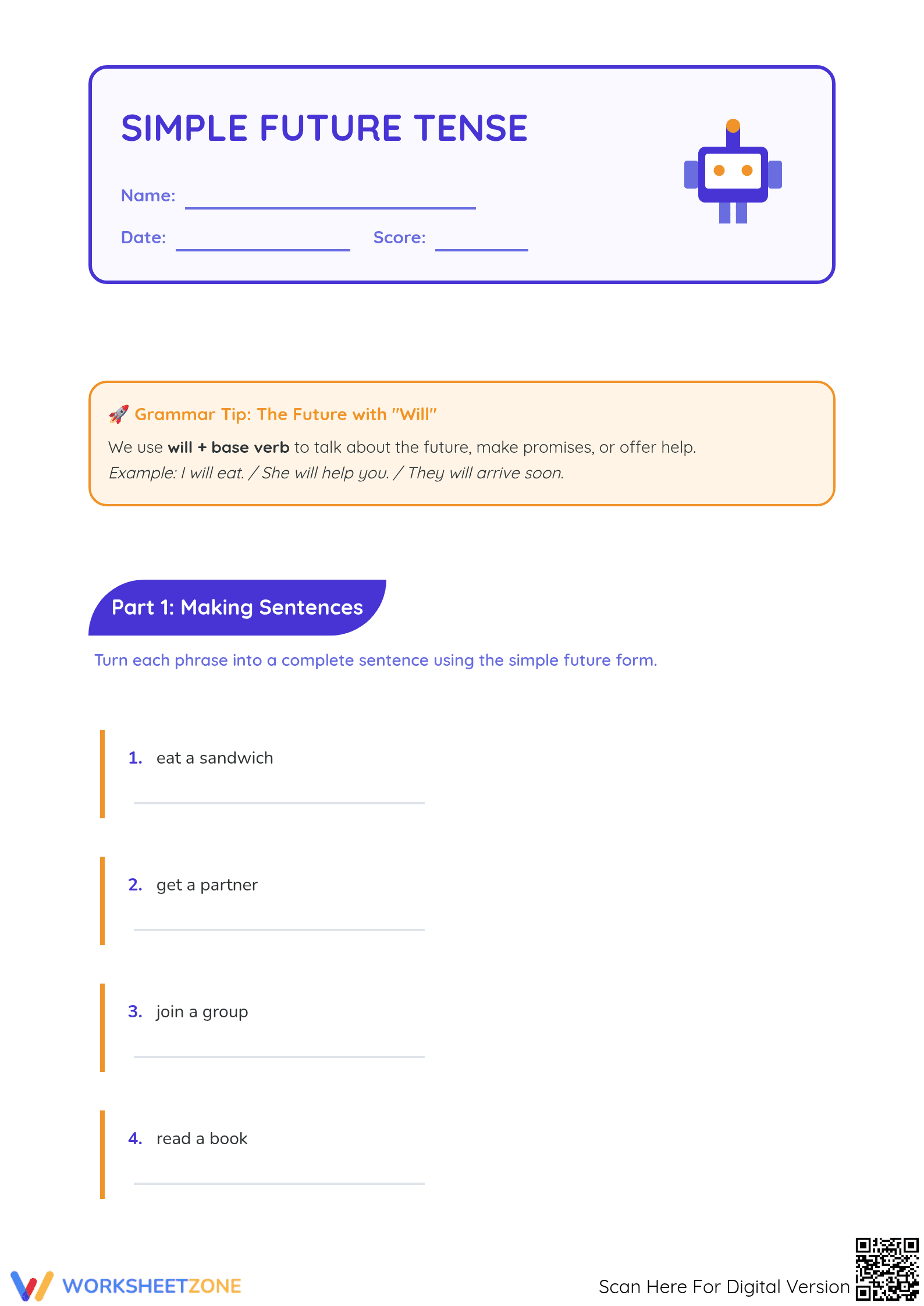 Printable Simple Future Tense Worksheet | Grades 5-8 Ready - Page 1