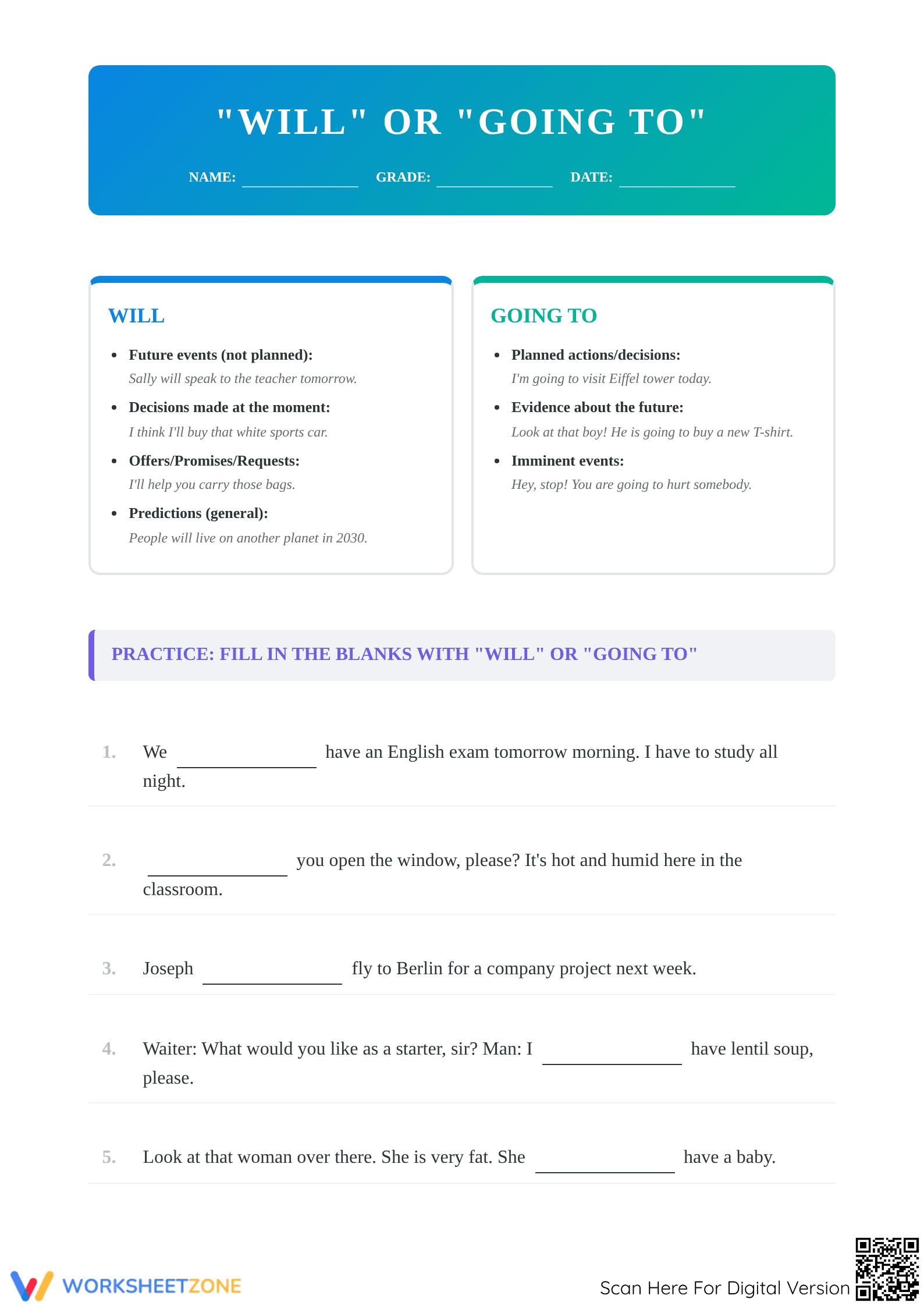 Printable Will vs Going To Worksheet | Grade 5 Grammar - Page 1