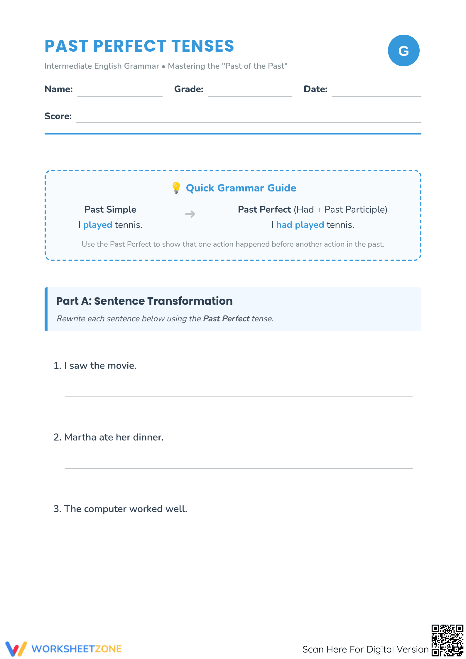 Printable Past Perfect Tense Worksheet | Grade 5-8 Grammar - Page 1