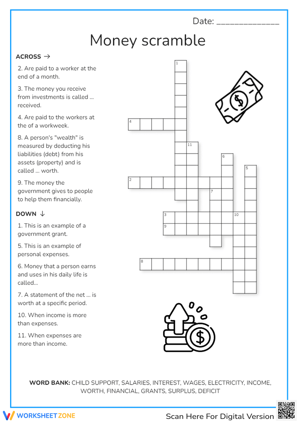 Grade 7 Money Scramble Crossword: Essential Finance - Page 1